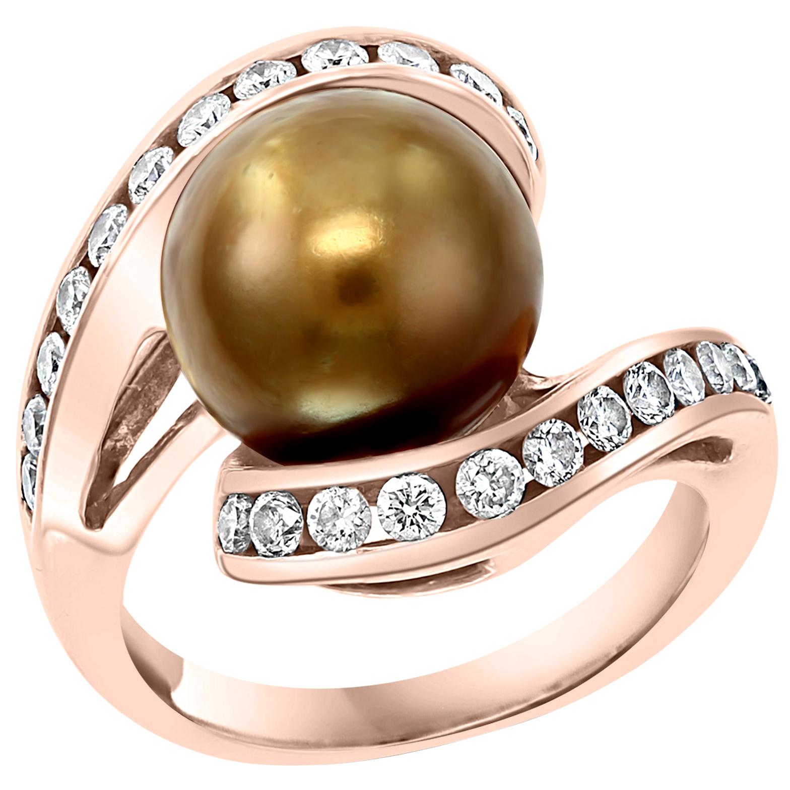 10 MM Chocolate Tahitian Pearl and Diamond Cocktail Ring 14 Karat Gold For Sale