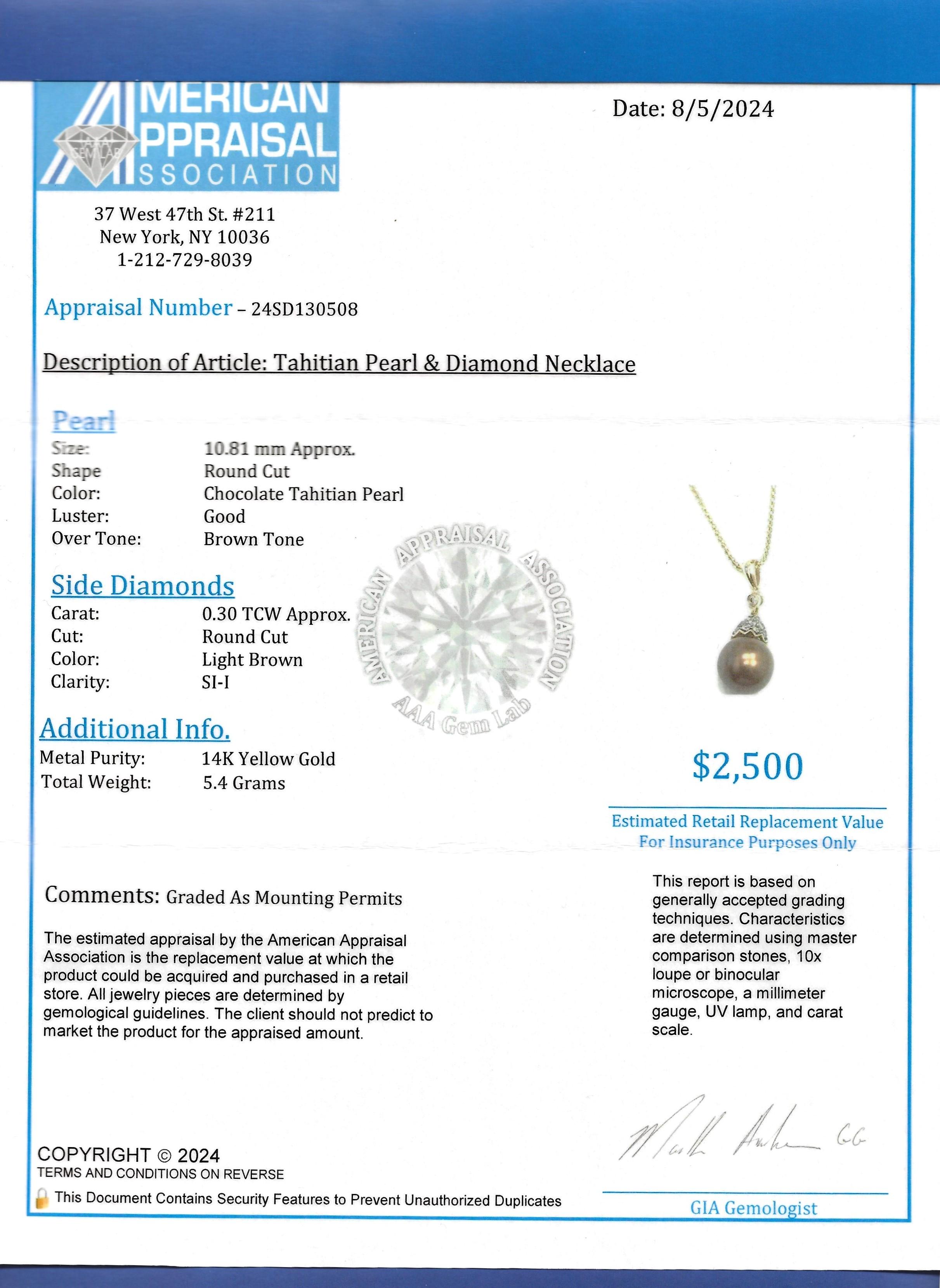Chocolate Tahitian Pearl and Diamond Pendant Necklace in 14 Karat Yellow Gold For Sale 4
