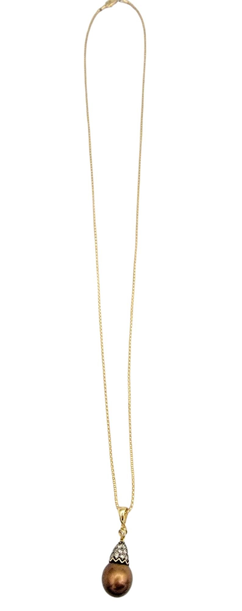 Contemporary Chocolate Tahitian Pearl and Diamond Pendant Necklace in 14 Karat Yellow Gold For Sale