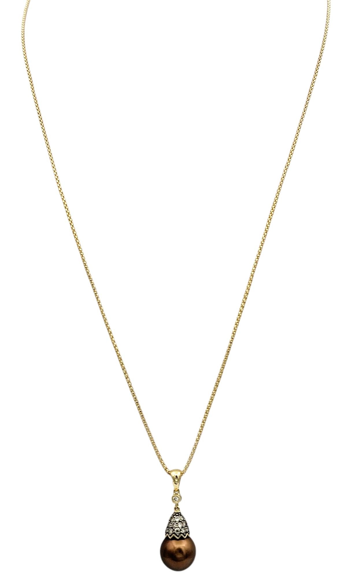 Round Cut Chocolate Tahitian Pearl and Diamond Pendant Necklace in 14 Karat Yellow Gold For Sale