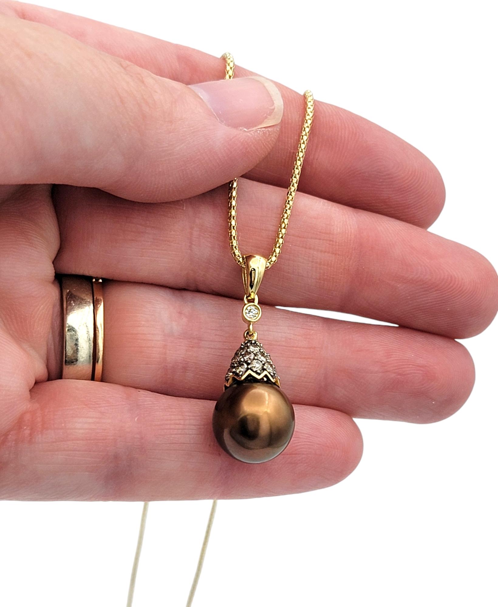 Chocolate Tahitian Pearl and Diamond Pendant Necklace in 14 Karat Yellow Gold For Sale 2