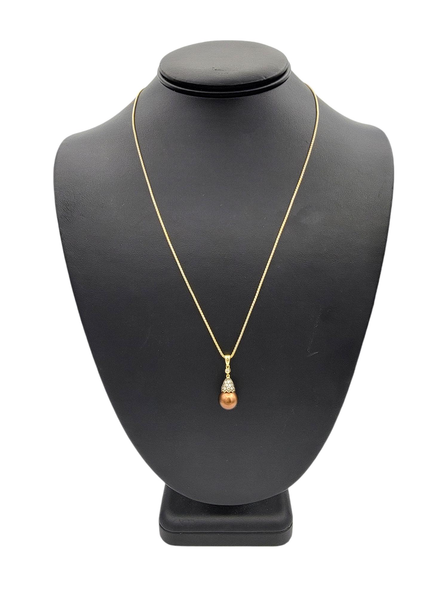 Chocolate Tahitian Pearl and Diamond Pendant Necklace in 14 Karat Yellow Gold For Sale 3