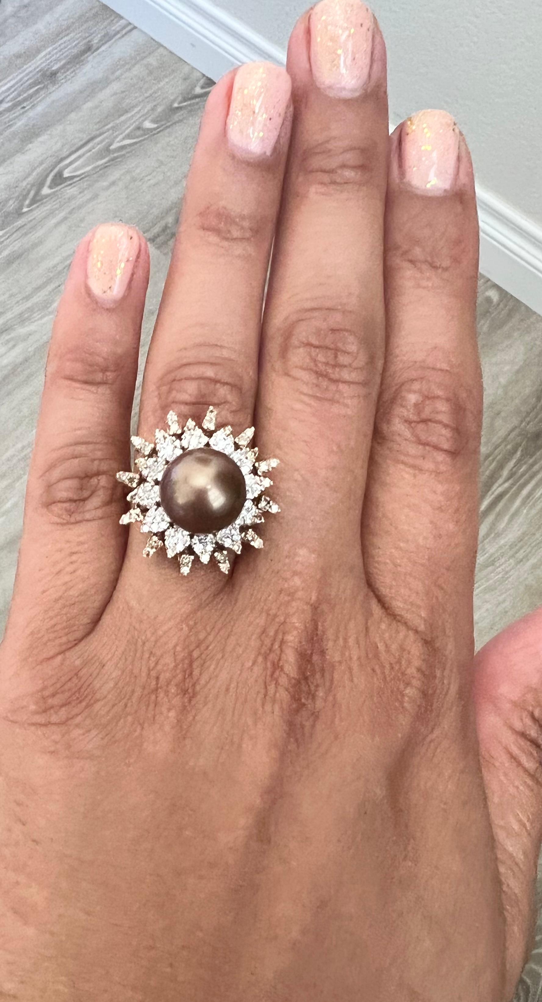 Round Cut Natural Chocolate Tahitian Pearl Diamond 14 Karat Rose Gold Ring For Sale