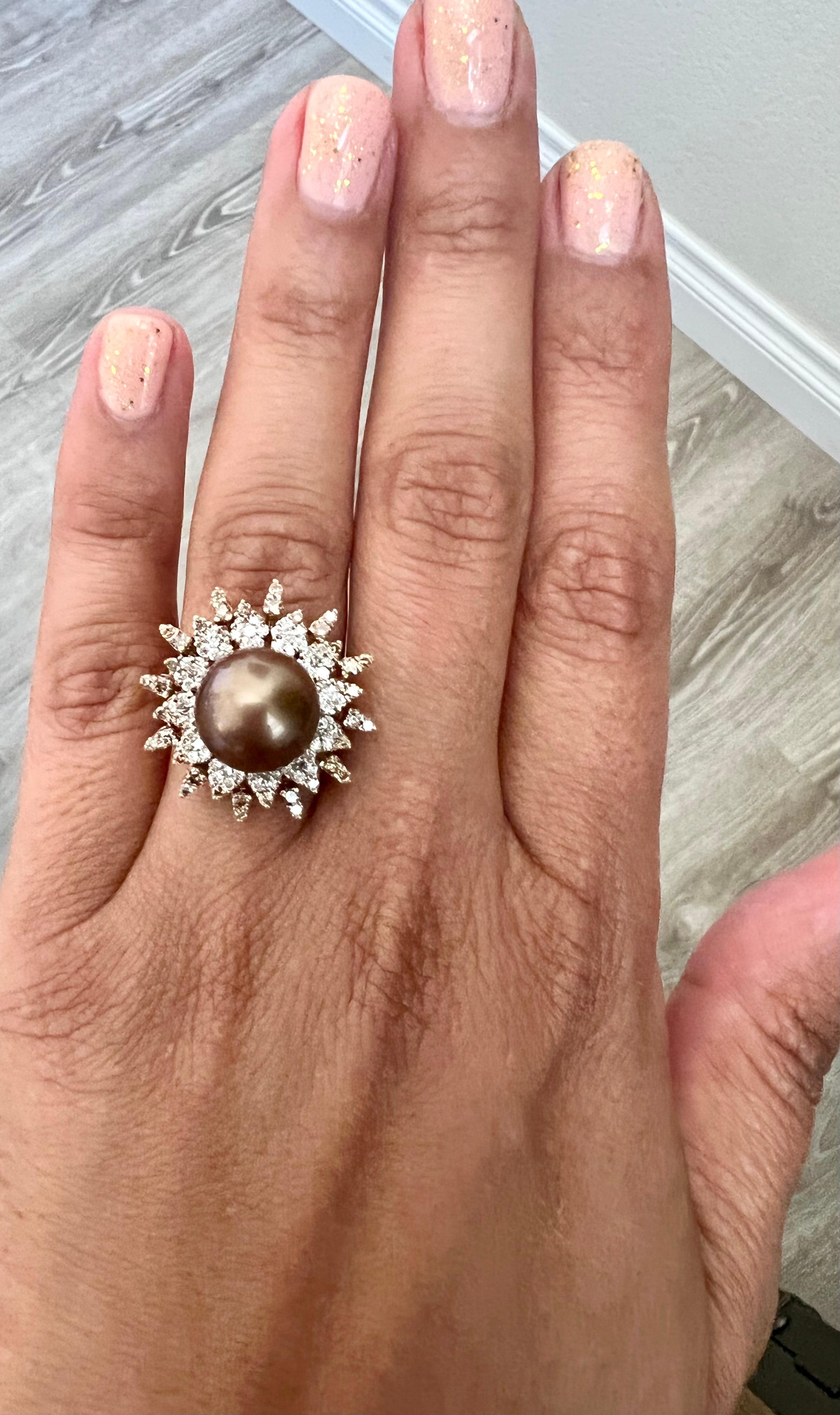 Natural Chocolate Tahitian Pearl Diamond 14 Karat Rose Gold Ring In New Condition For Sale In Los Angeles, CA