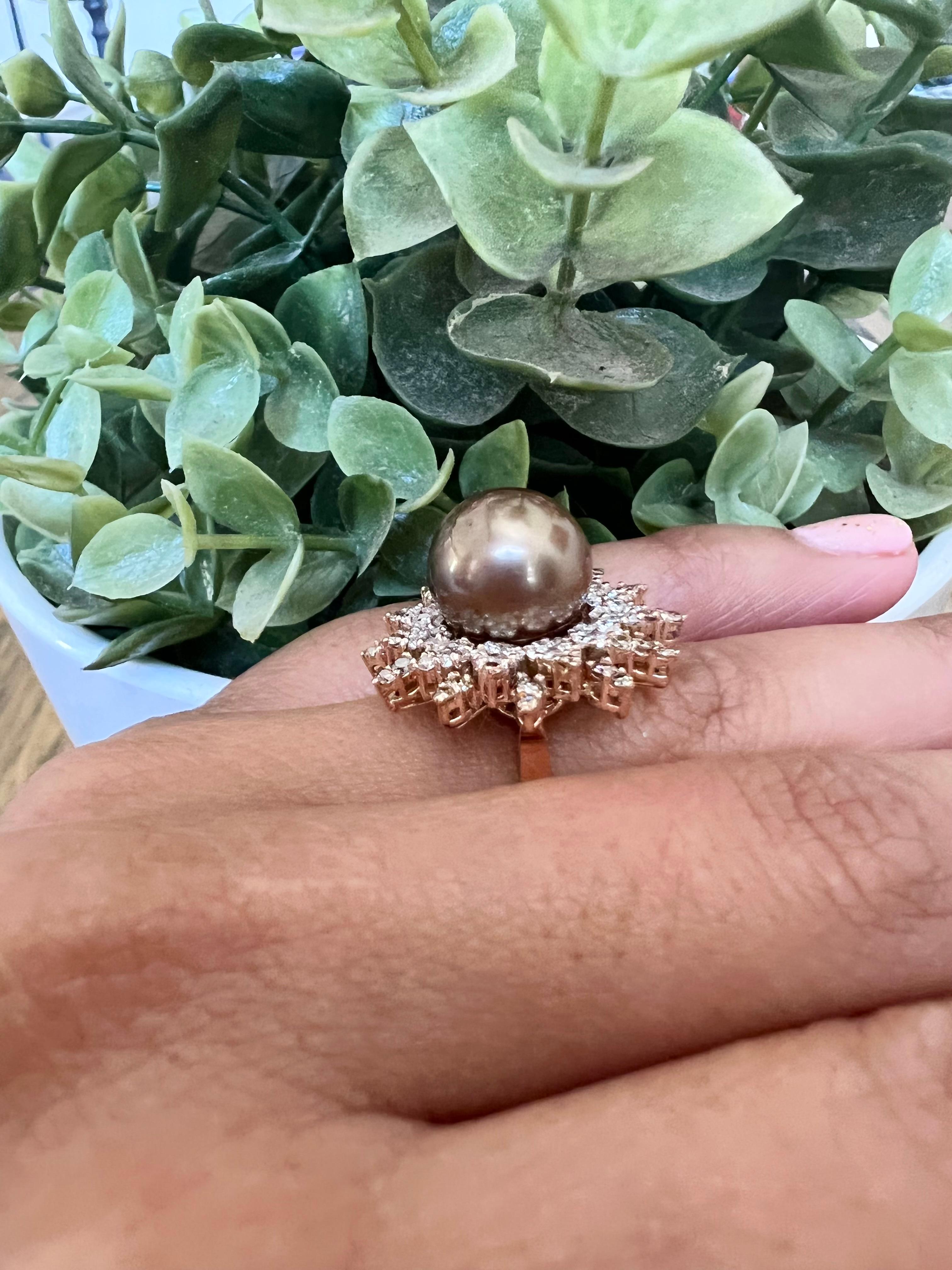 Women's Natural Chocolate Tahitian Pearl Diamond 14 Karat Rose Gold Ring For Sale