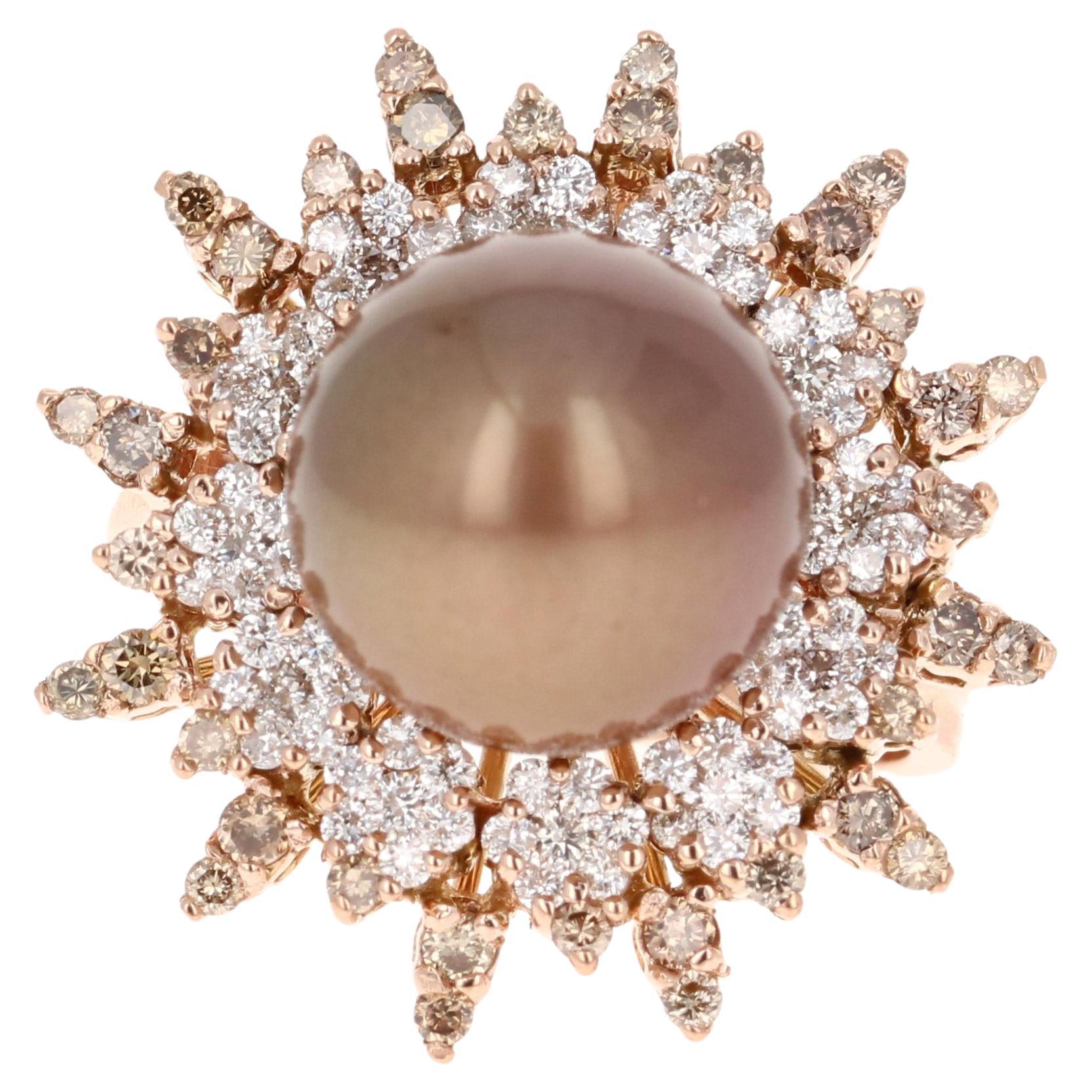 Bague en or rose 14 carats avec perle naturelle de Tahiti chocolatée et diamant en vente