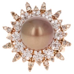Bague en or rose 14 carats avec perle naturelle de Tahiti chocolatée et diamant