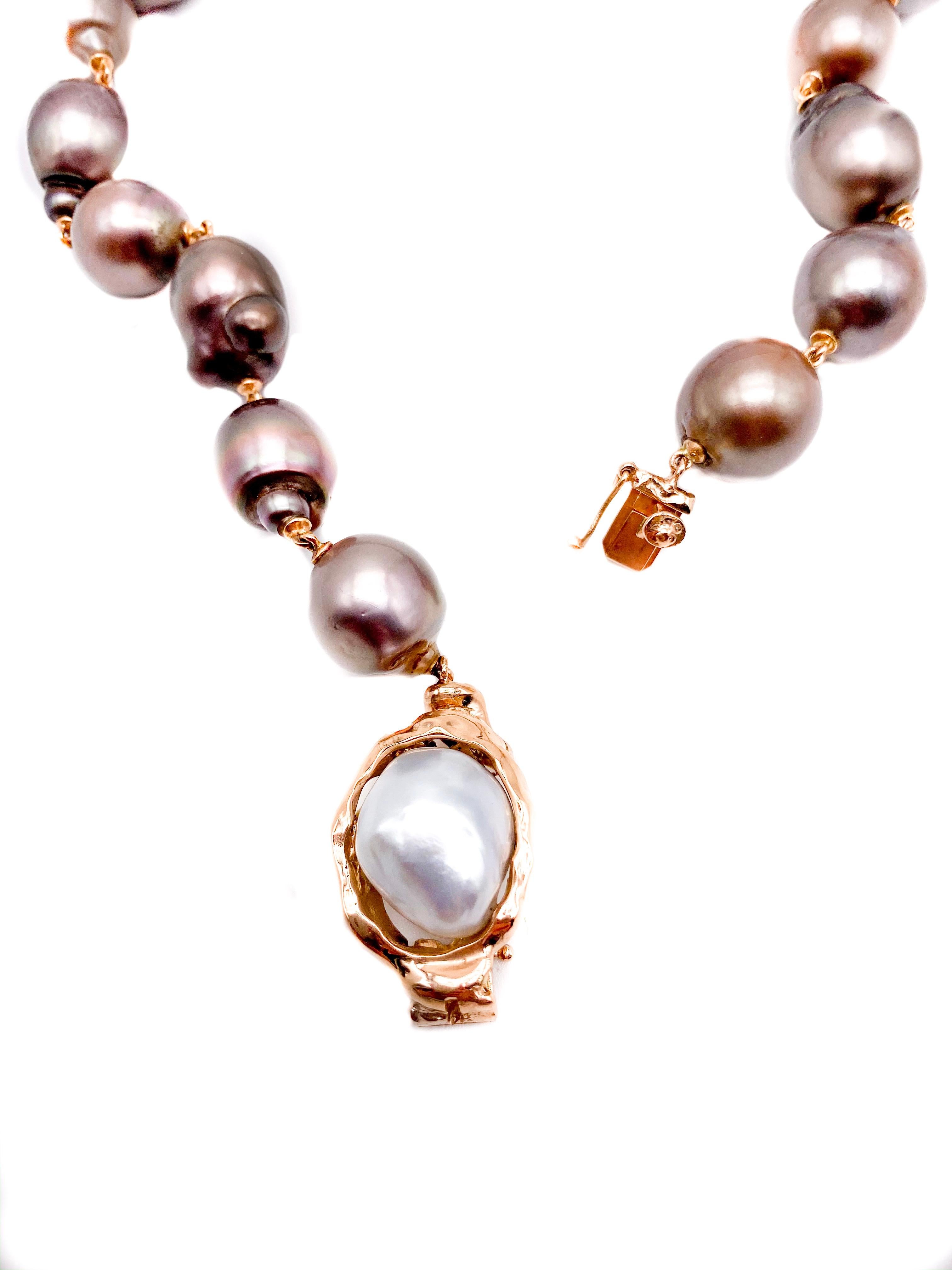 Chocolate Tahitian Pearls Necklace with  18K Gold Clasp with Australian Baroque Pearl . This Necklace Linked With Gold Has A Brown Colour Very Rare To Find In This Size Of Pearls- They Are From 12,5 mm till 17 mm in Baroque Shape. The Lenght of This