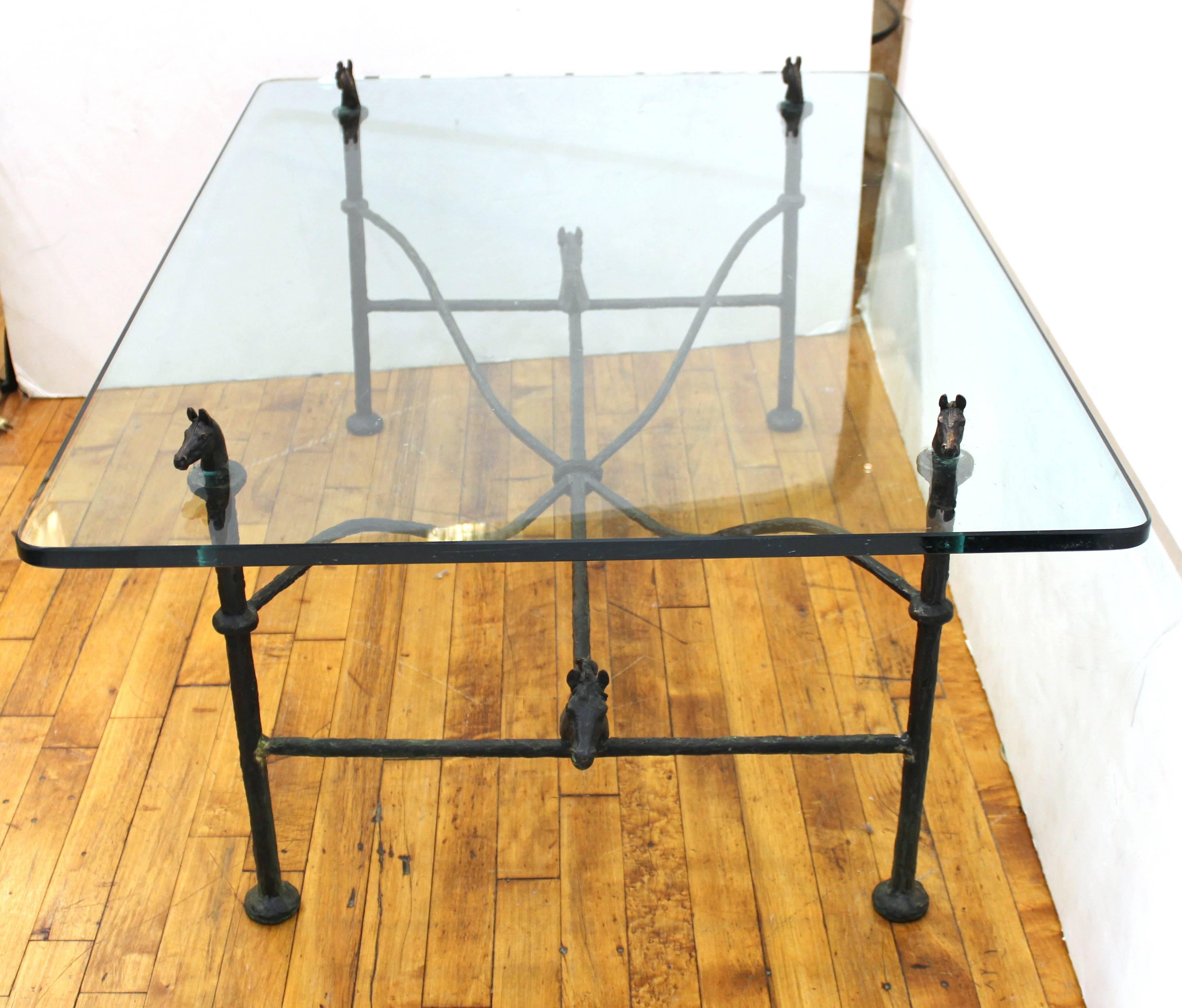 American Chodoff Bronze Coffee Table in Giacometti Manner with Horse Heads and Glass Top