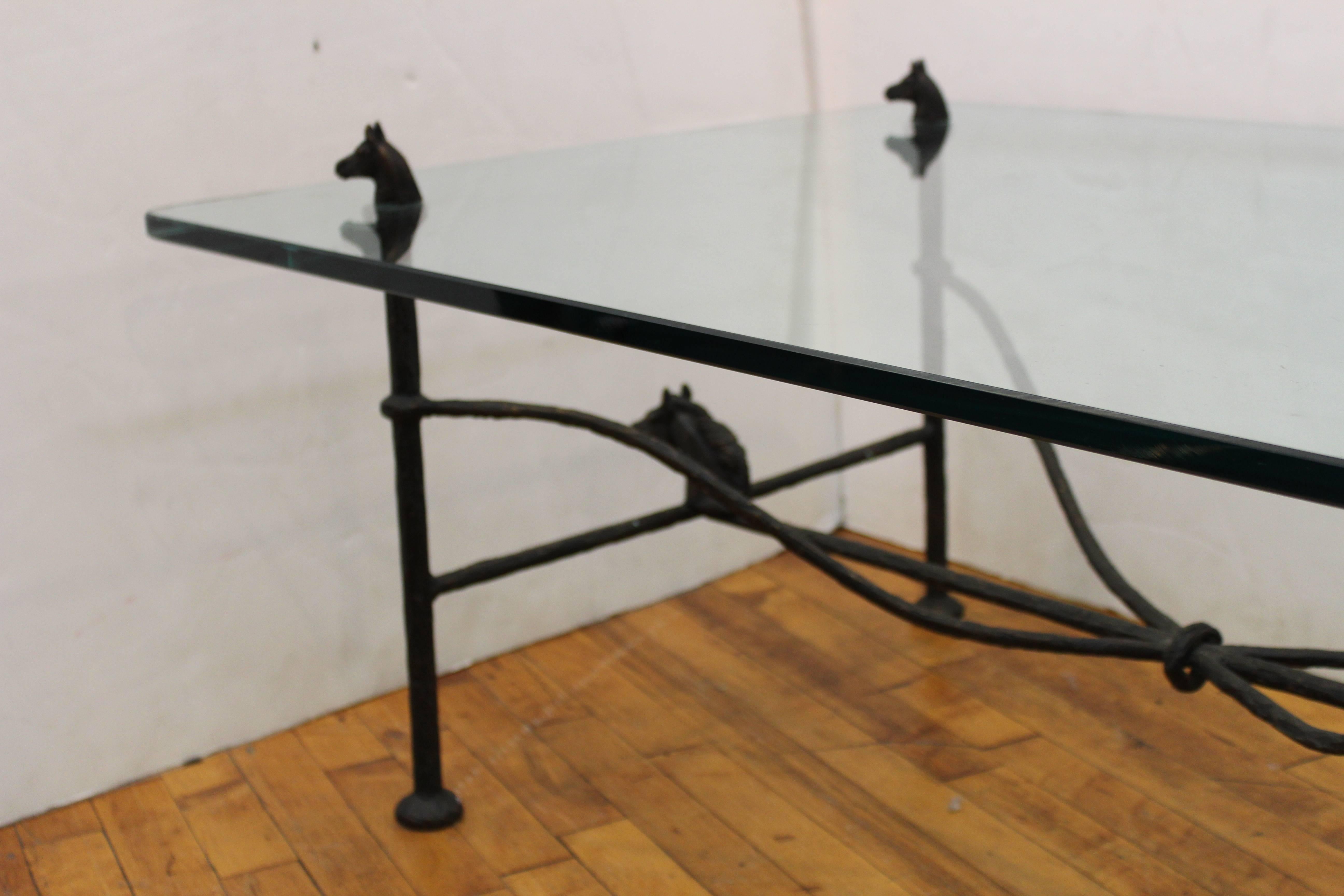 Chodoff Bronze Coffee Table in Giacometti Manner with Horse Heads and Glass Top In Good Condition In New York, NY