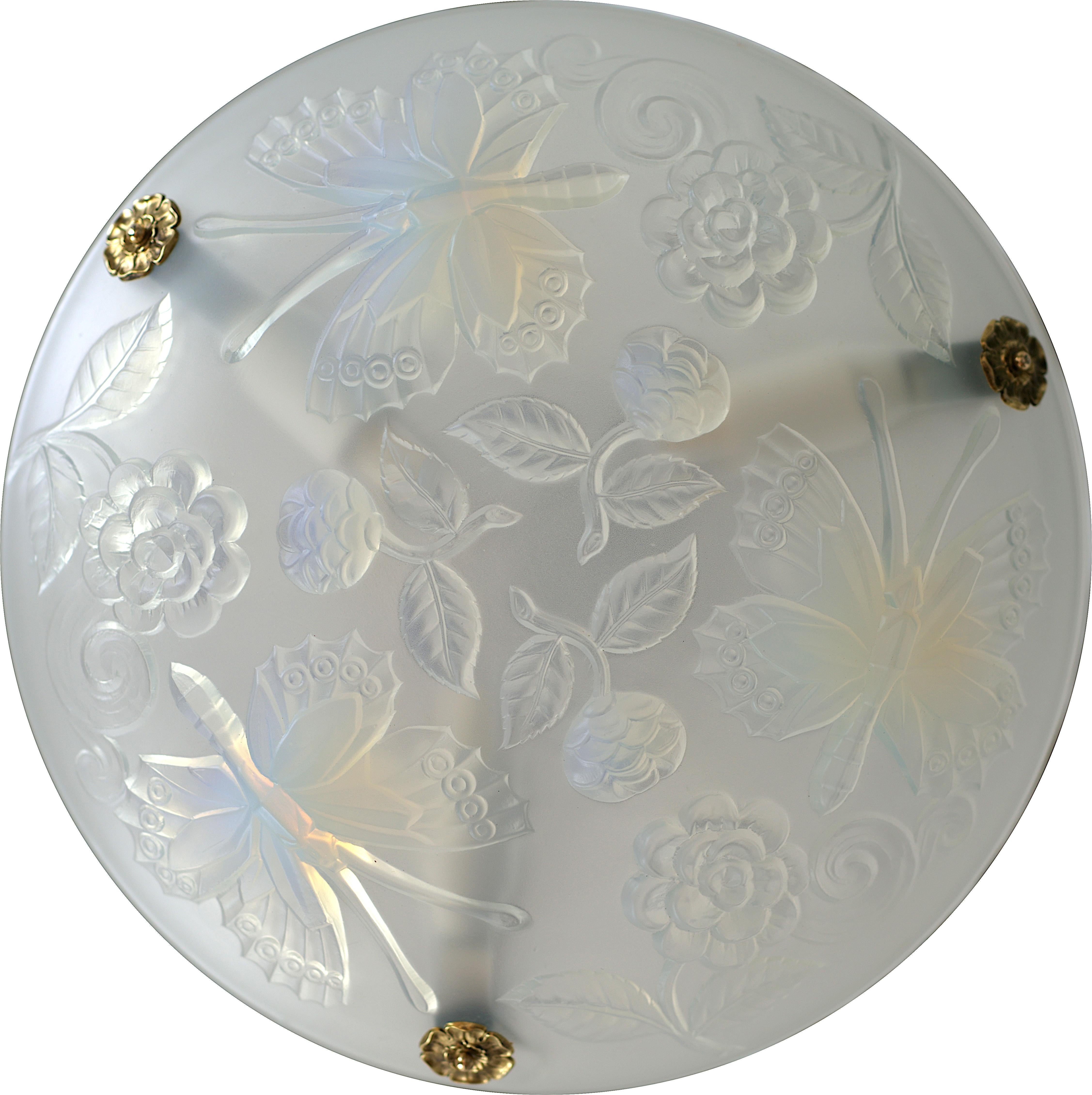 Brass Choisy-le-Roi Art Deco Butterfly Opalescent Pendant Chandelier, 1920 For Sale