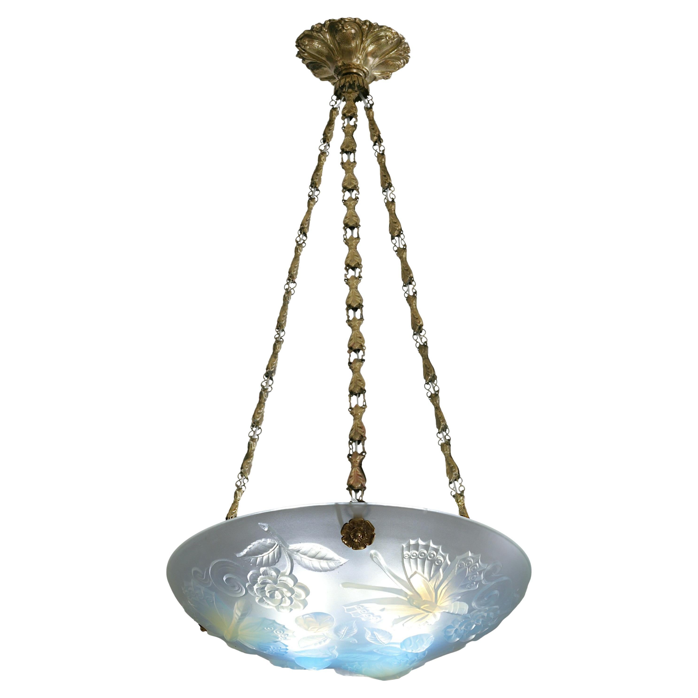 Choisy-le-Roi Art Deco Butterfly Opalescent Pendant Chandelier, 1920