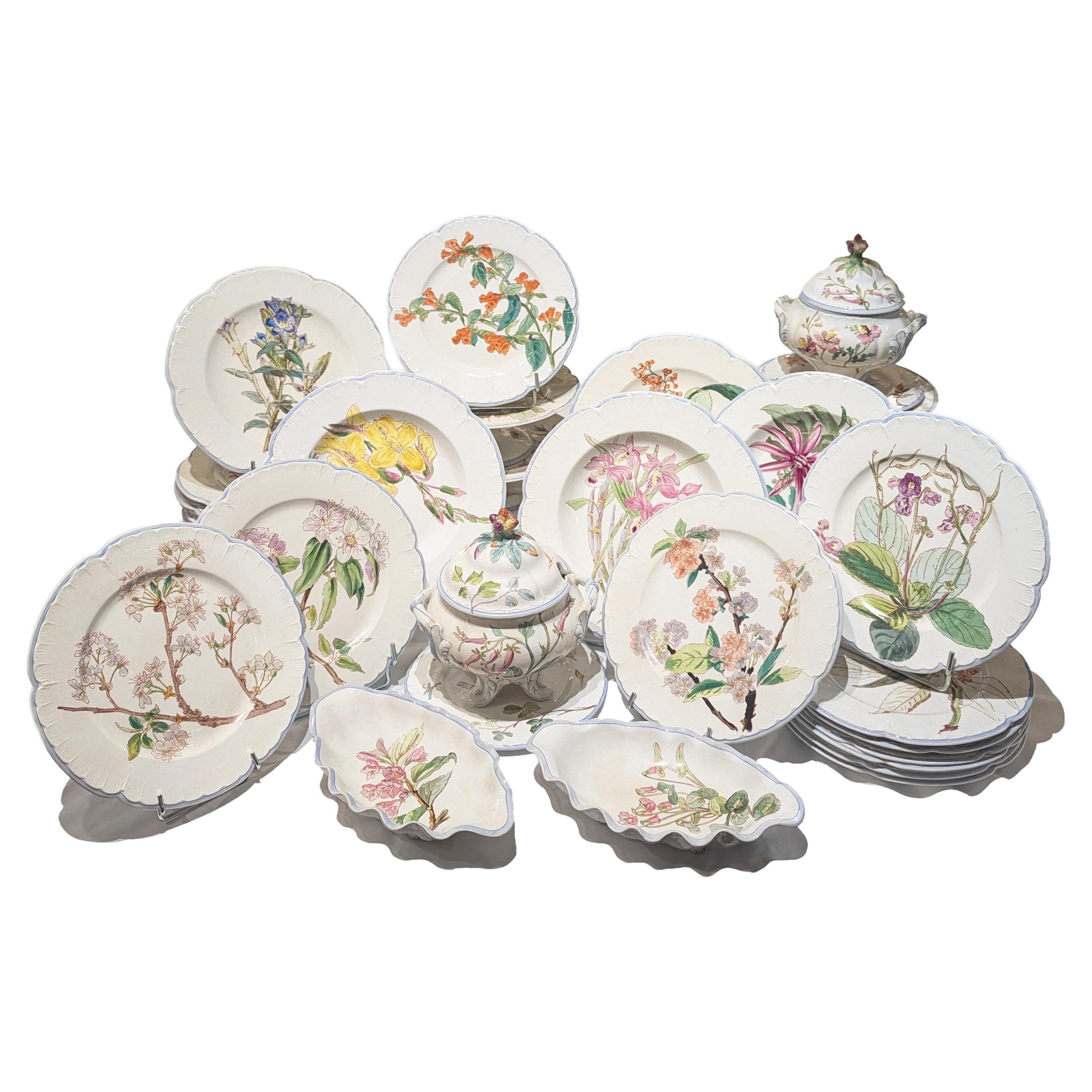 Choisy-le-Roi Faience Botanical Dinner Service, Antique, circa 1900, 68 Pieces For Sale