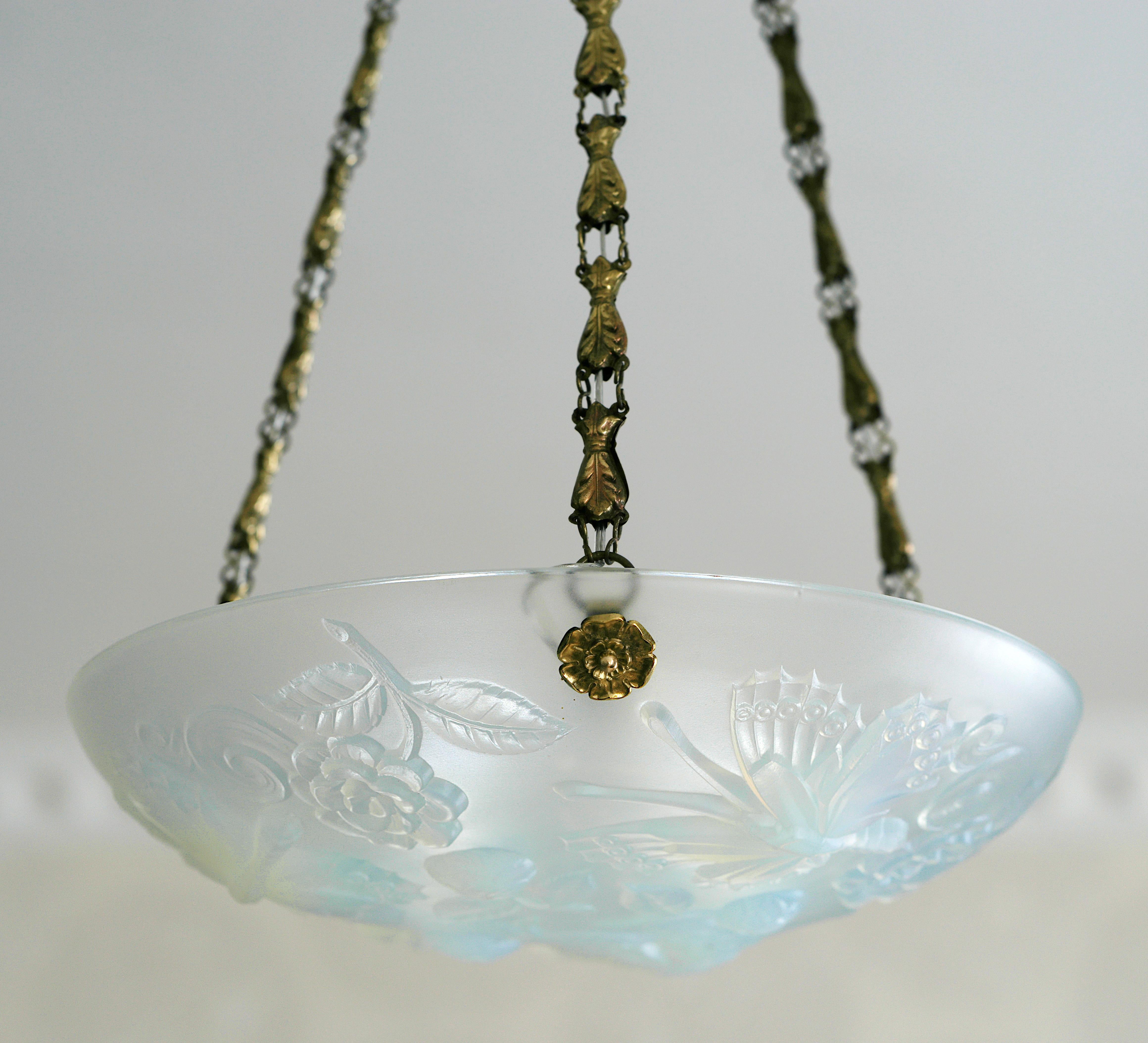 Brass Choisy-le-Roi French Art Deco Butterfly Opalescent Pendant Chandelier, 1930s For Sale