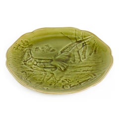 Choisy-le-Roi Green Majolica Pheasant Moulded Pottery Plate, 19th Century