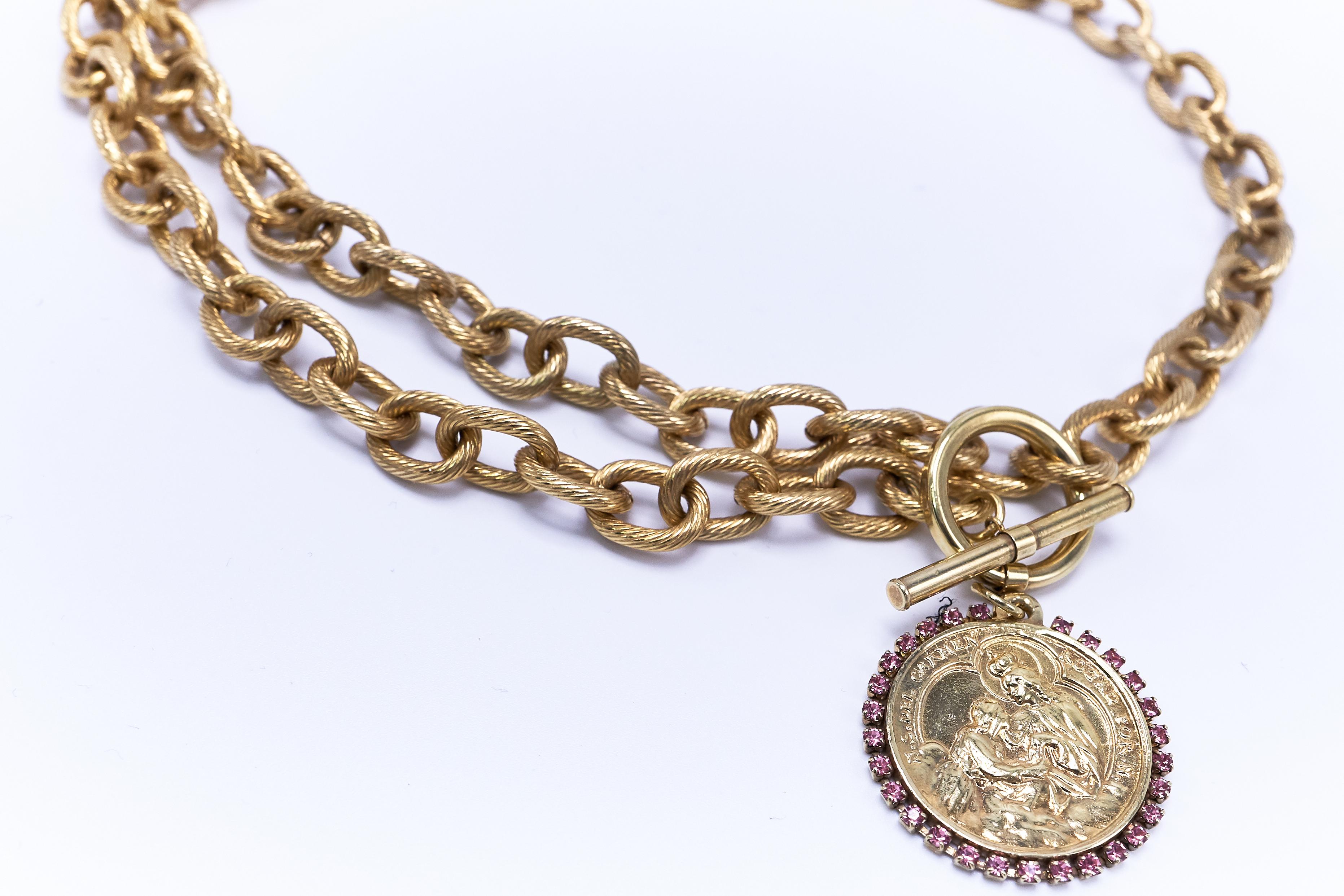 Round Cut Choker Chain Necklace Medal Pink Crystal Virgin Mary Gold Plated J Dauphin For Sale