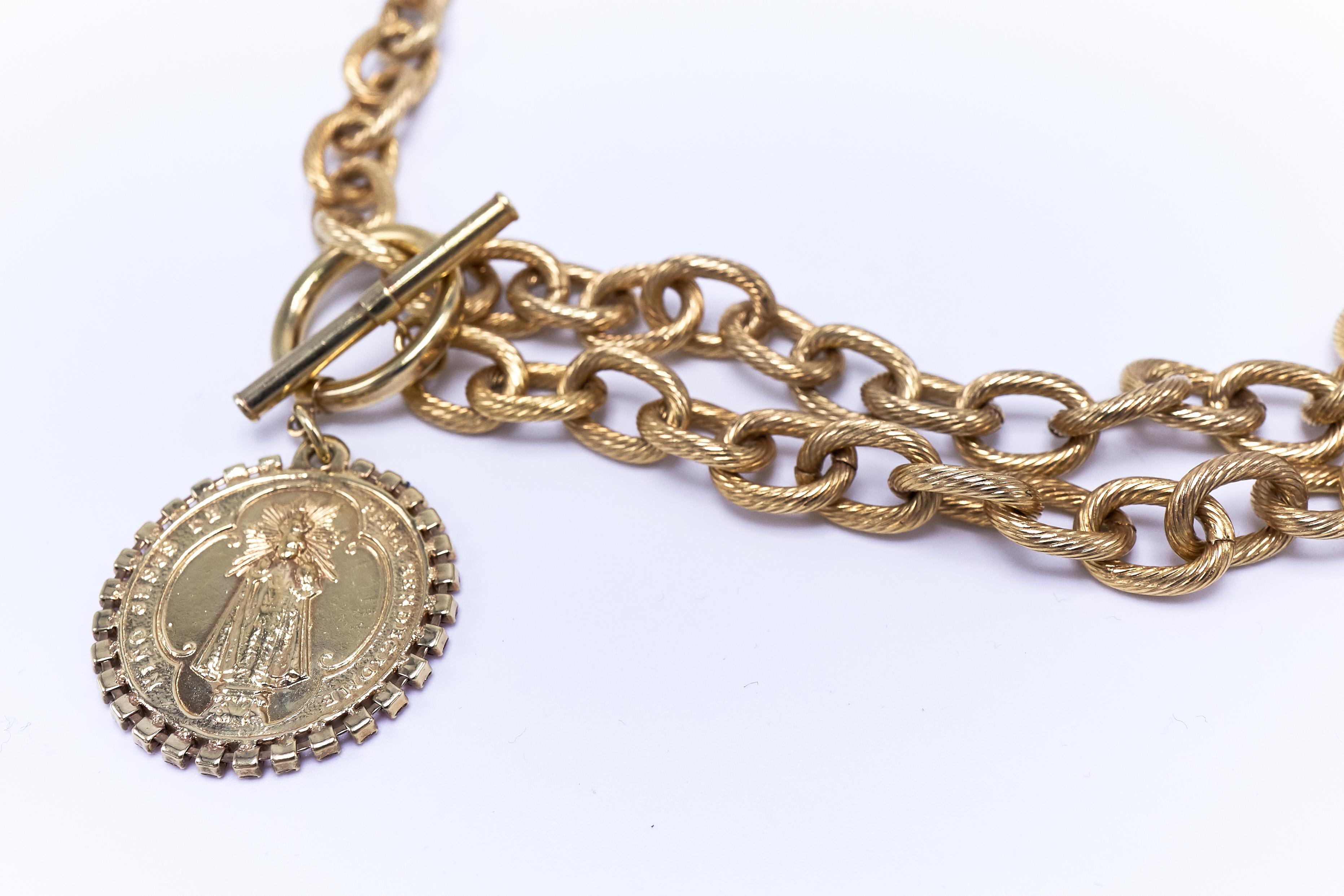 Choker Chain Necklace Medal Pink Crystal Virgin Mary Gold Plated J Dauphin In New Condition For Sale In Los Angeles, CA