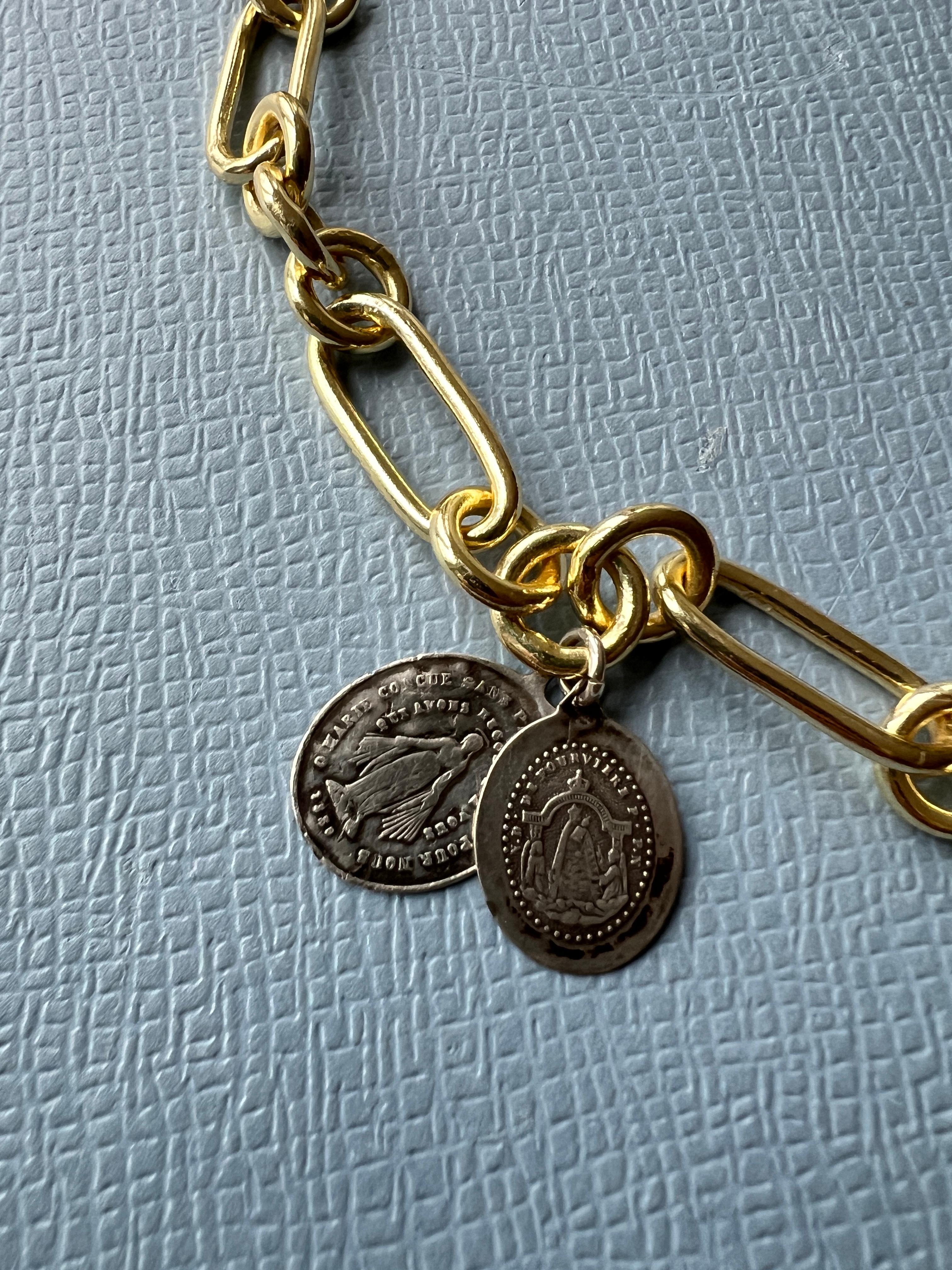 Choker Chain Necklace Medals Virgin Mary Silver Vintage Gold Plate  J Dauphin In New Condition In Los Angeles, CA