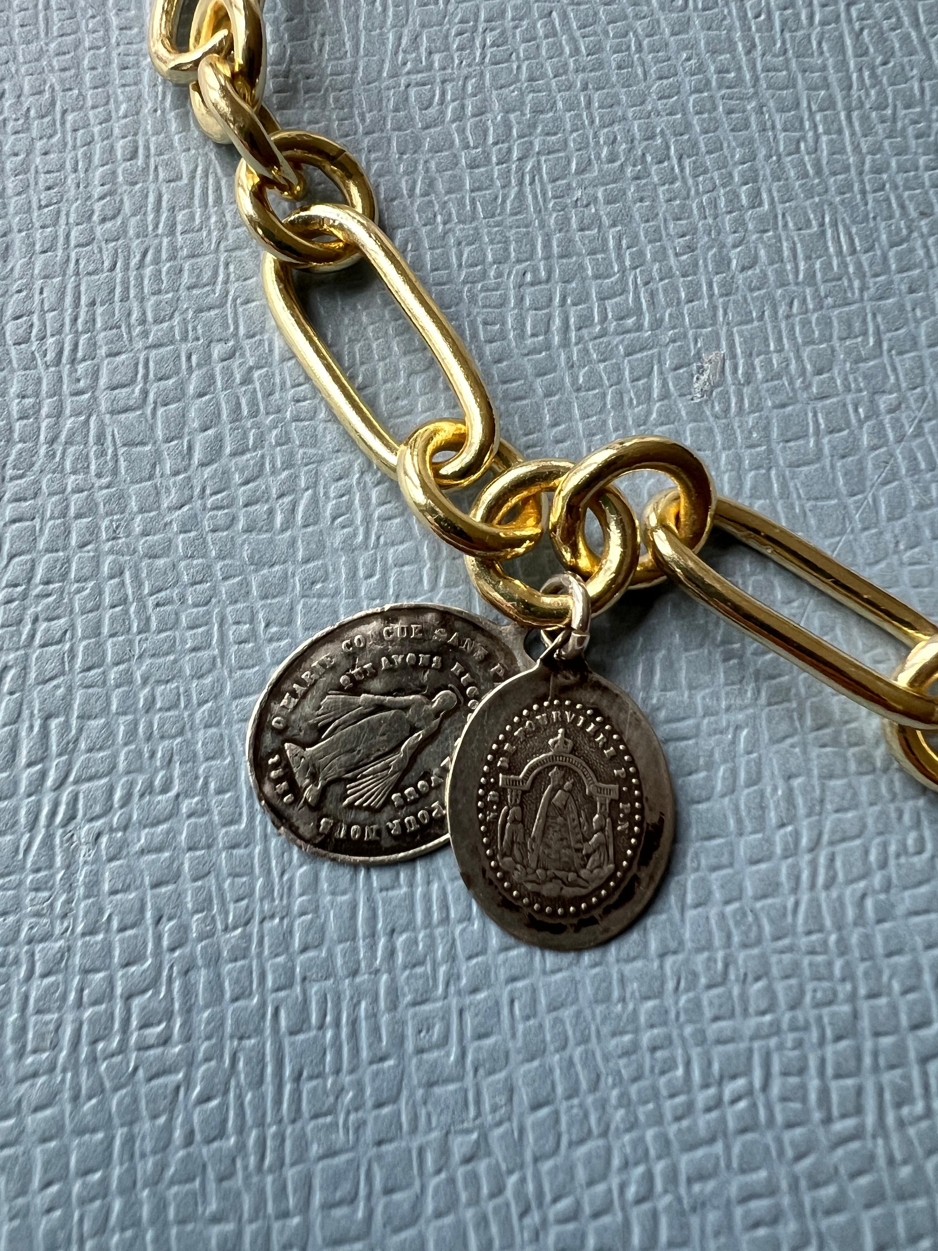 Women's Choker Chain Necklace Medals Virgin Mary Silver Vintage Gold Plate  J Dauphin