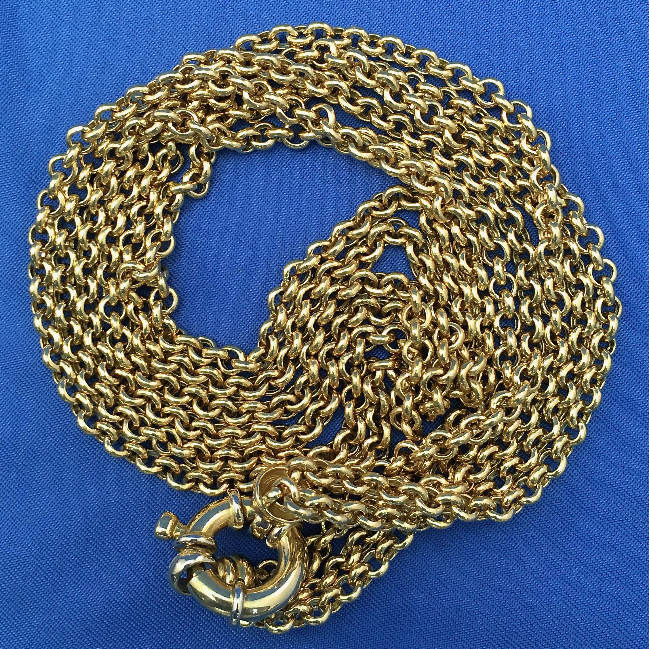 Choker Length Triple Rolo Chain with Bolt Ring Closure in 18 Karat Yellow Gold In Excellent Condition In Sherman Oaks, CA