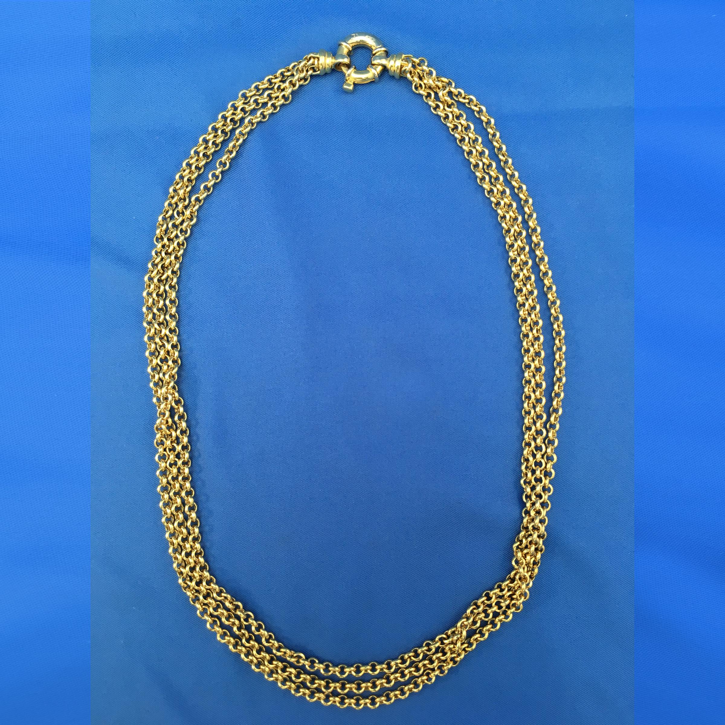Women's or Men's Choker Length Triple Rolo Chain with Bolt Ring Closure in 18 Karat Yellow Gold