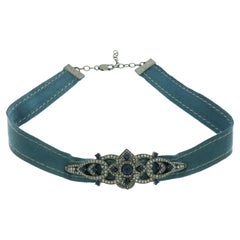 Turquoise Color Suede Choker Necklace Embellished with Sapphire & Diamond