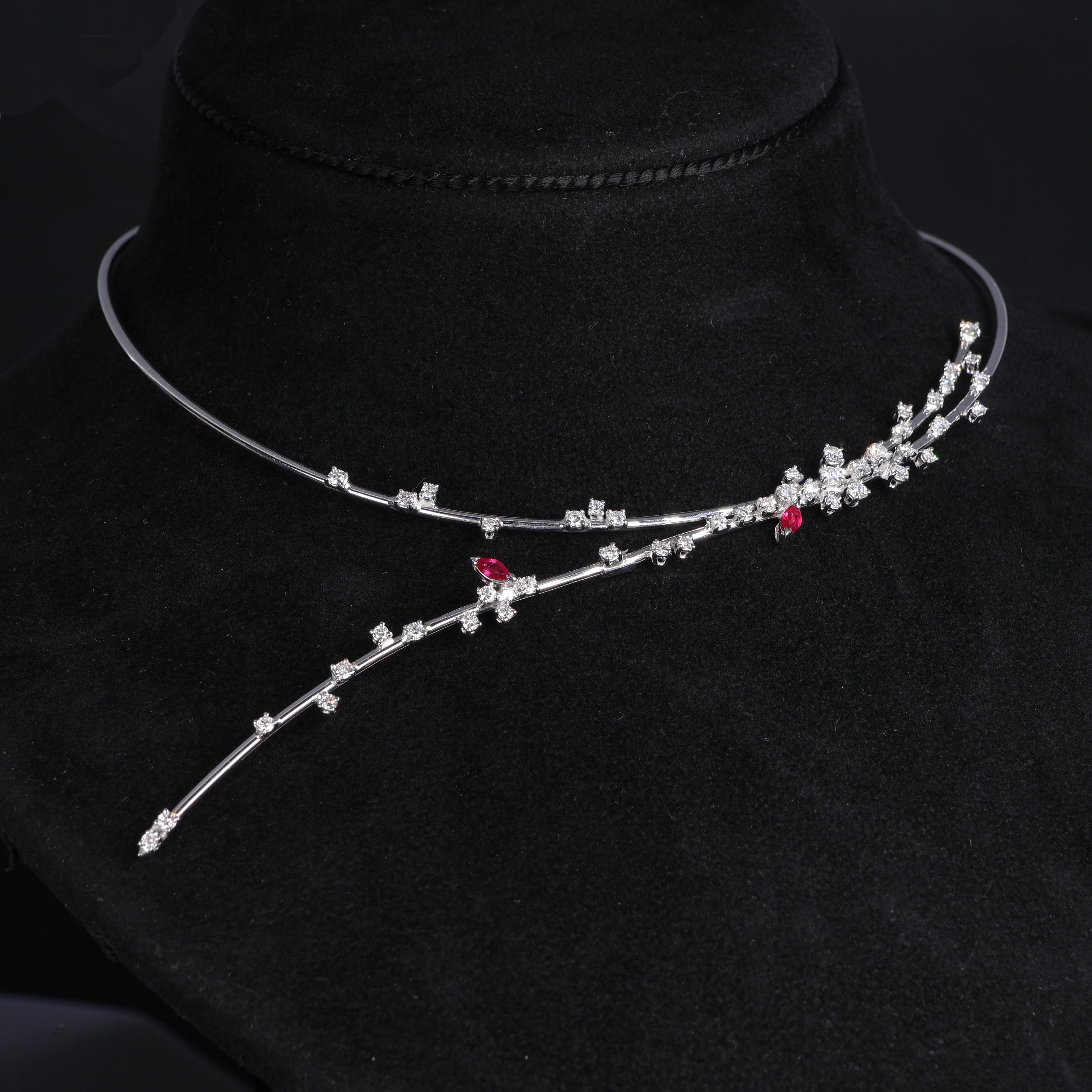 Brilliant Cut Choker Necklace in White Gold with Diamonds and Rubies For Sale
