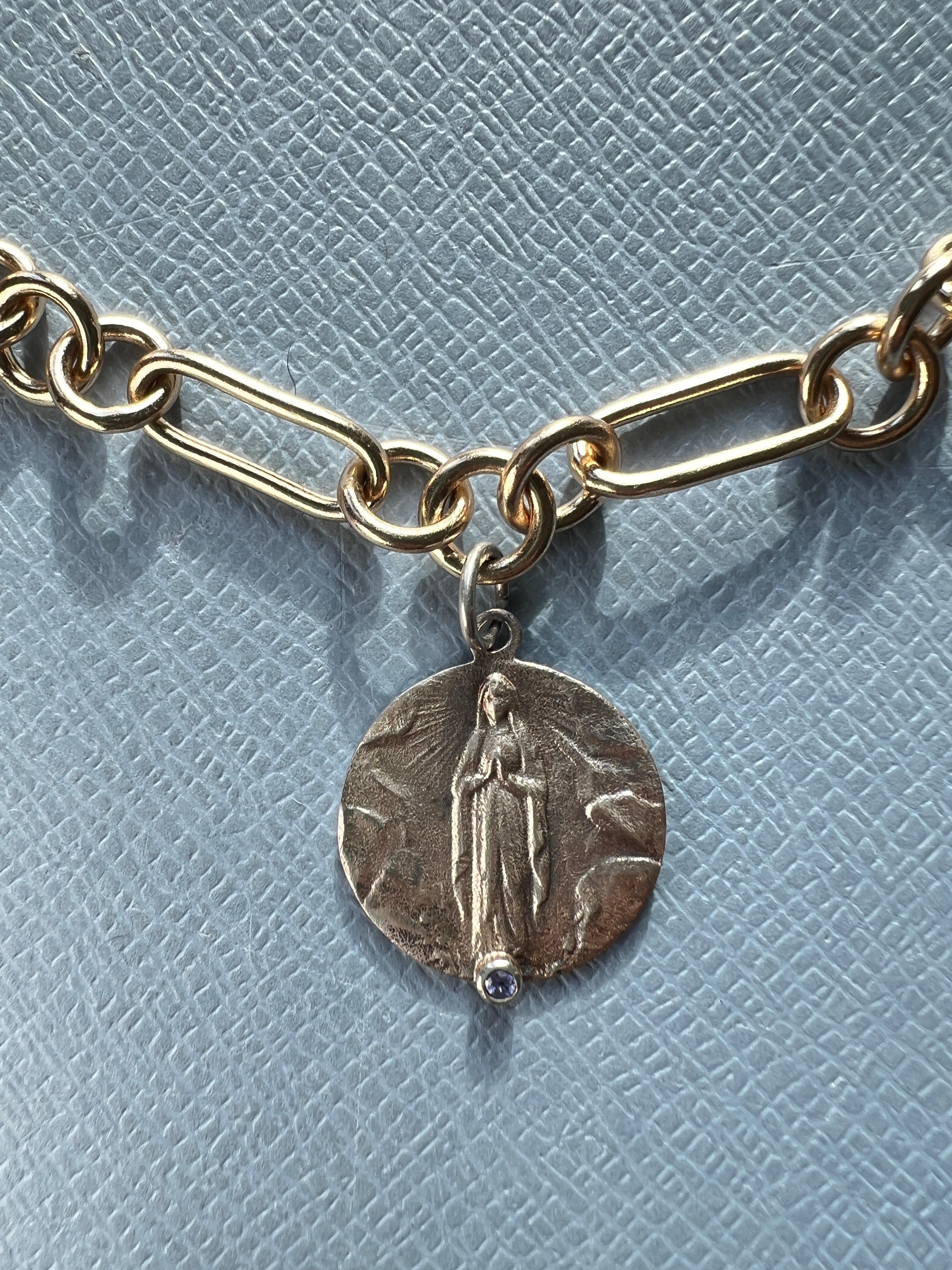 Choker Necklace Medal Virgin Mary Tanzanite In New Condition For Sale In Los Angeles, CA