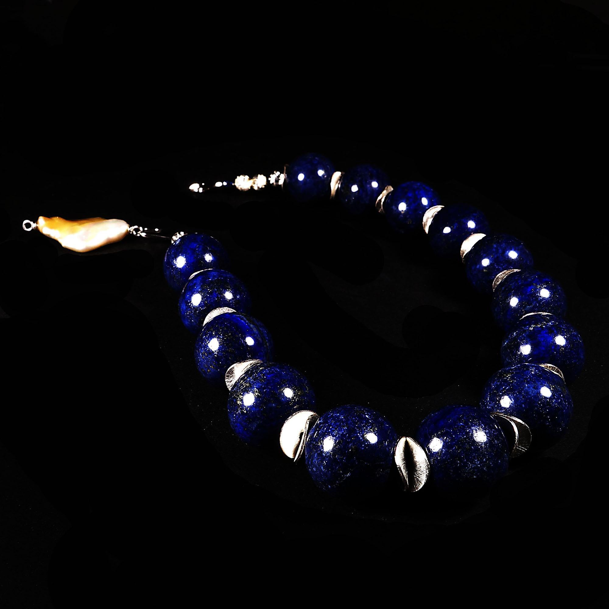 Women's or Men's AJD Choker Necklace of Large Lapis Lazuli Spheres with Silver Accents