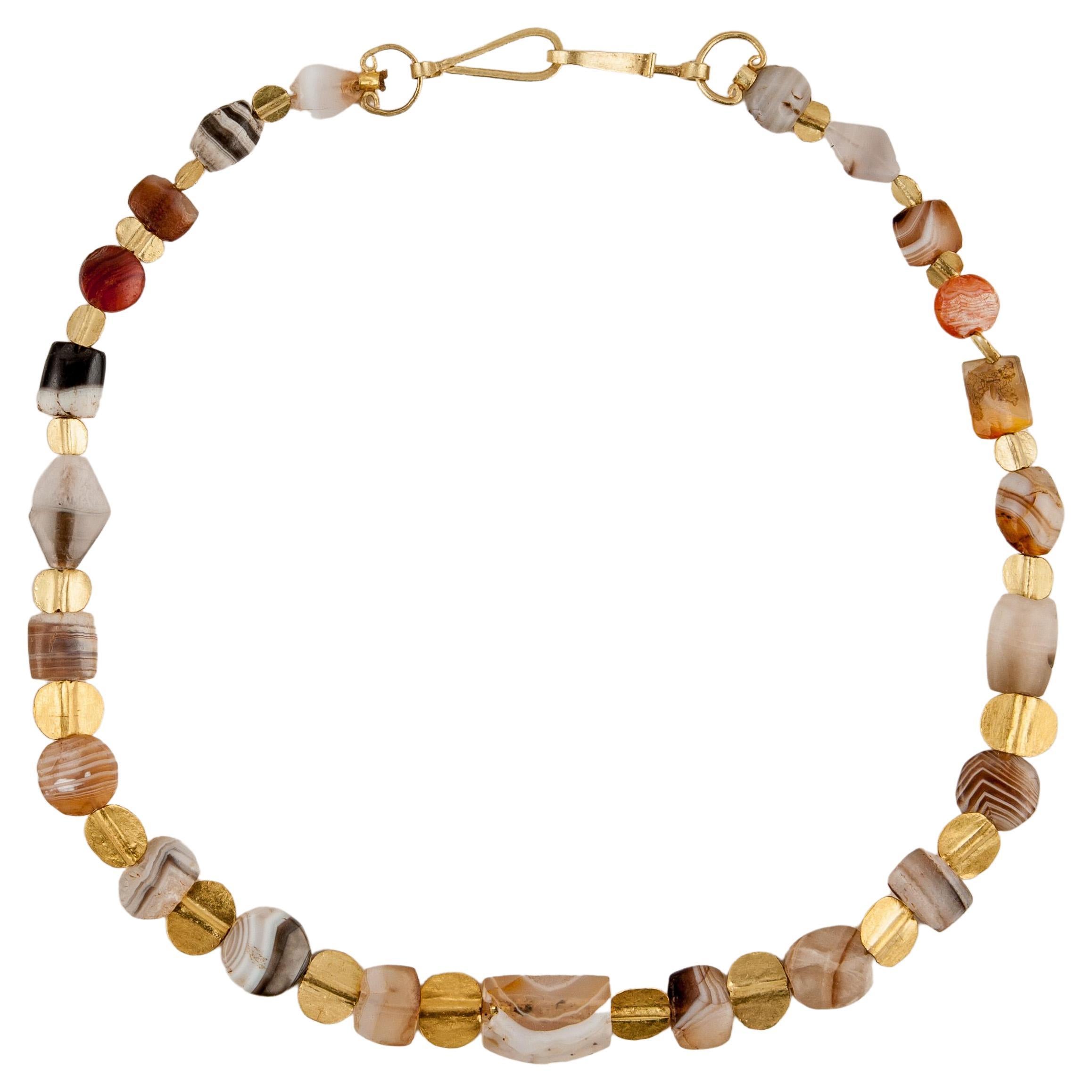 Choker Necklace of Tabular Ancient Agate Beads with 20k Gold Beads and Clasp For Sale
