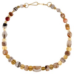 Choker Necklace of Tabular Ancient Agate Beads with 20k Gold Beads and Clasp