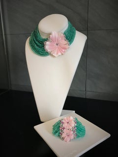 Choker Necklace Pink Shell Flower Emerald Beads Pink and Green Sapphires