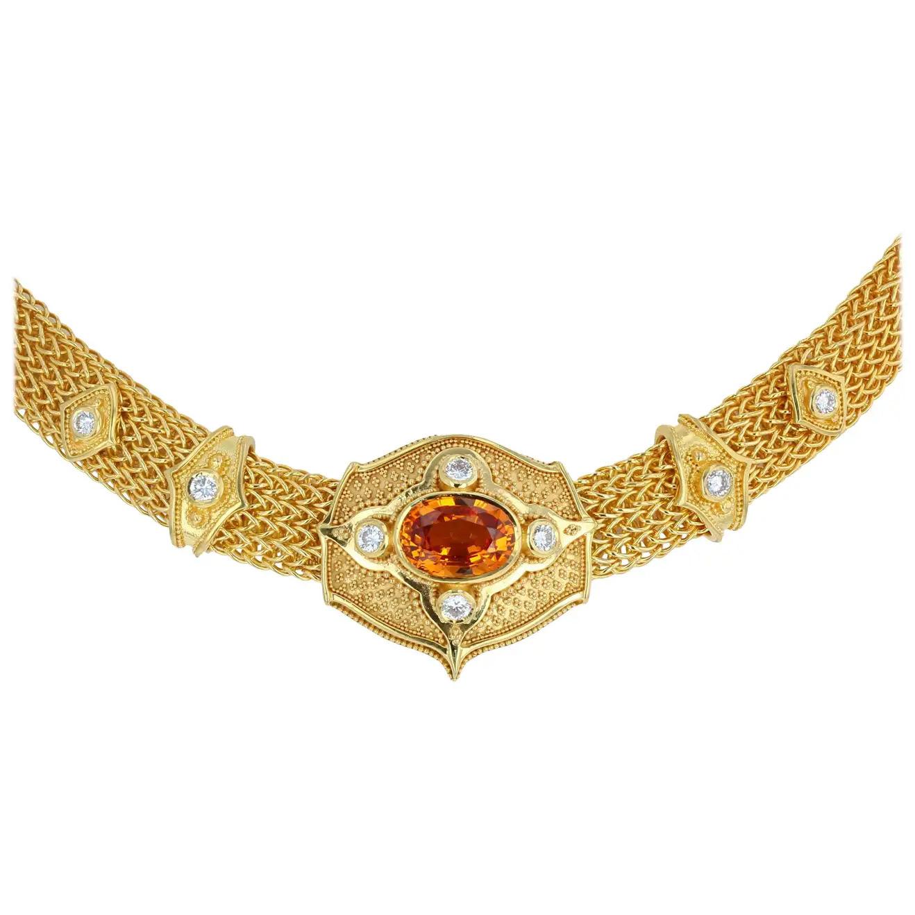 From the Kent Raible limited edition Studio Collection, we present The 'Golden Sapphire Choker Necklace' featuring Yellow - Golden Sapphires and Diamonds, accented with fine Gold Granulation.  Raible's hand woven chains are legendary! They are
