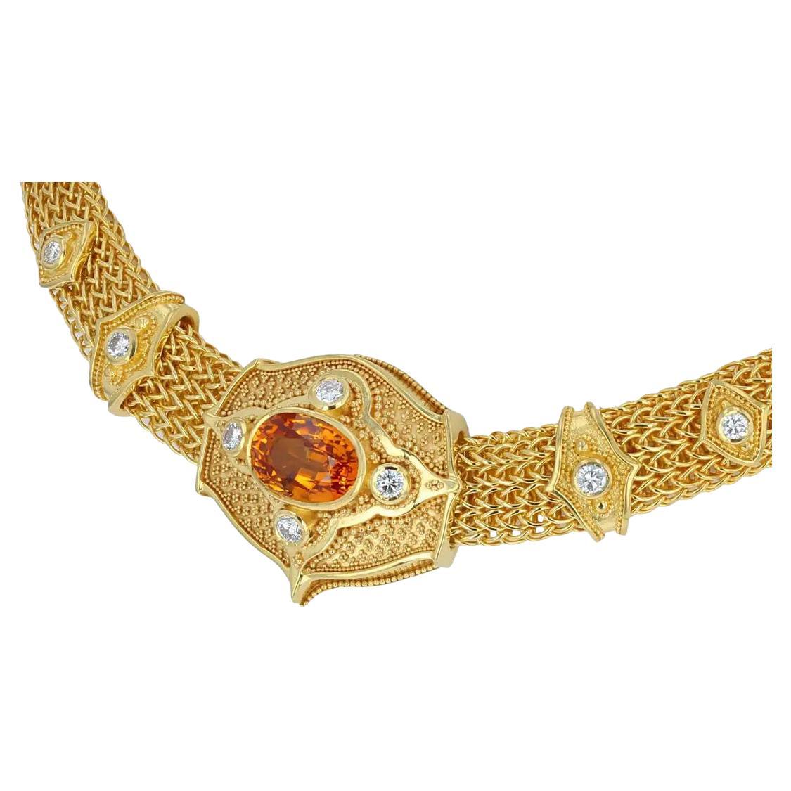 Choker Necklace with 18 Karat Gold Granulation, Golden Sapphire and Diamonds