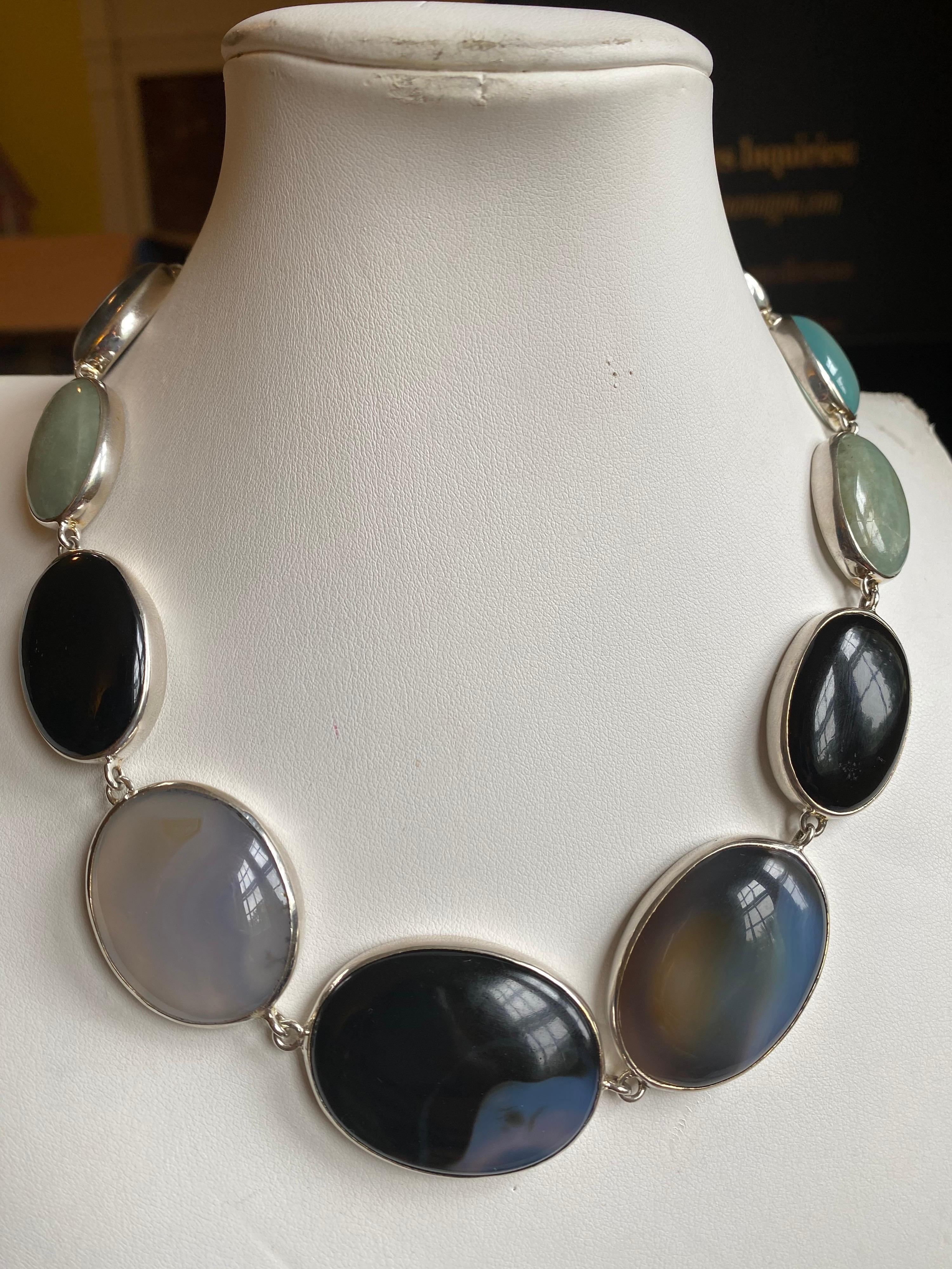 Contemporary Choker Necklace with Agate, Chalcedony, and Labradorite in Sterling Silver For Sale