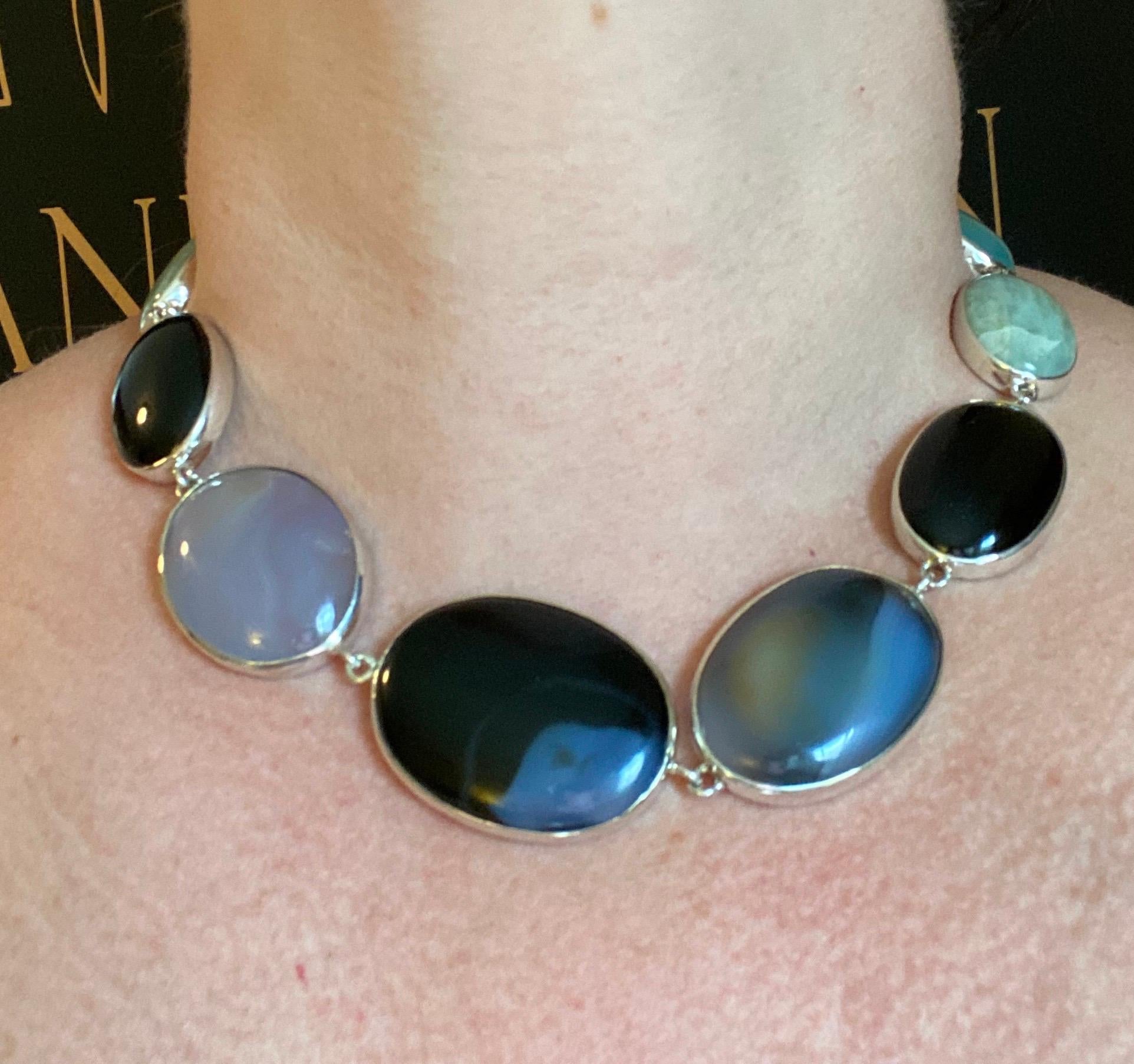 Oval Cut Choker Necklace with Agate, Chalcedony, and Labradorite in Sterling Silver For Sale