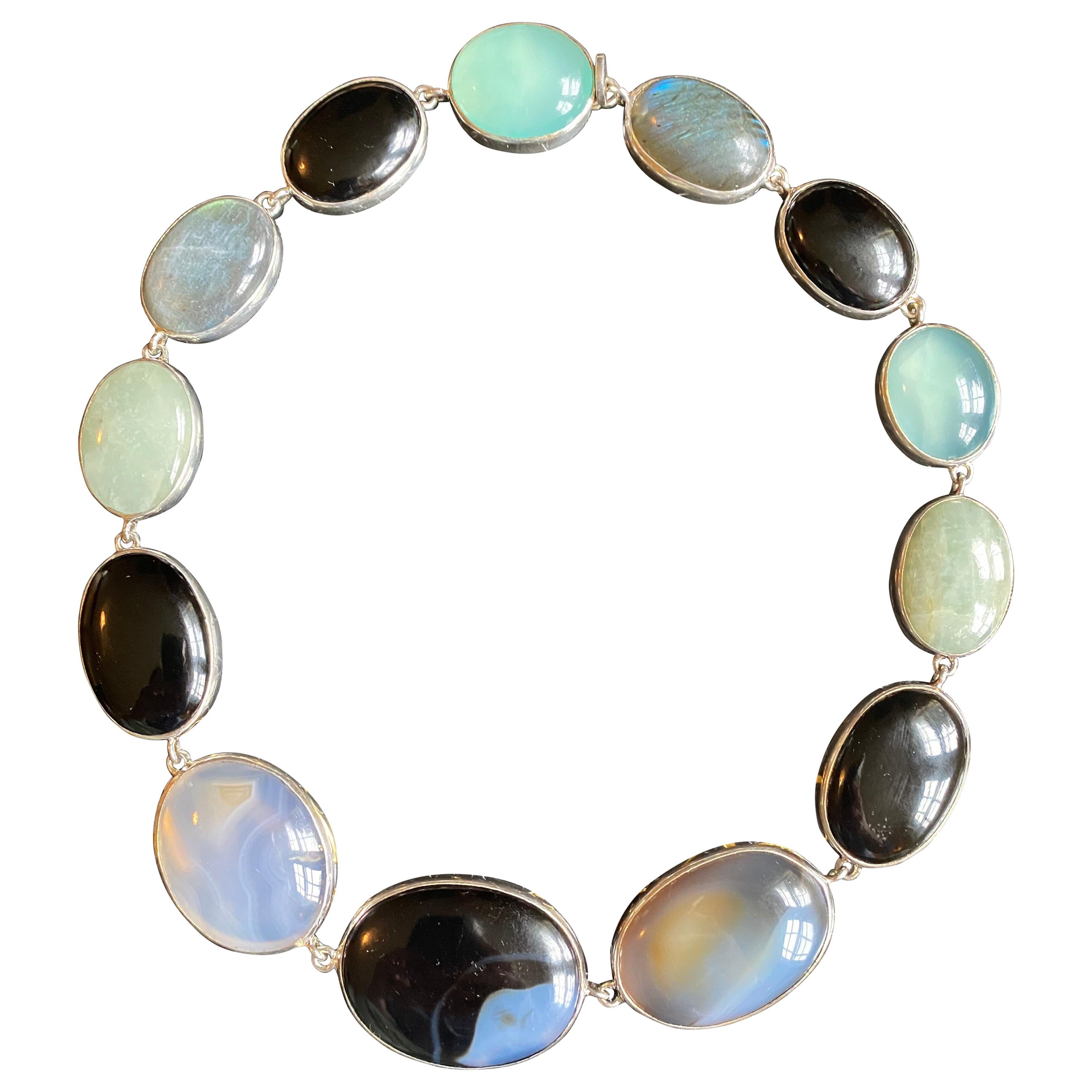 Choker Necklace with Agate, Chalcedony, and Labradorite in Sterling Silver For Sale