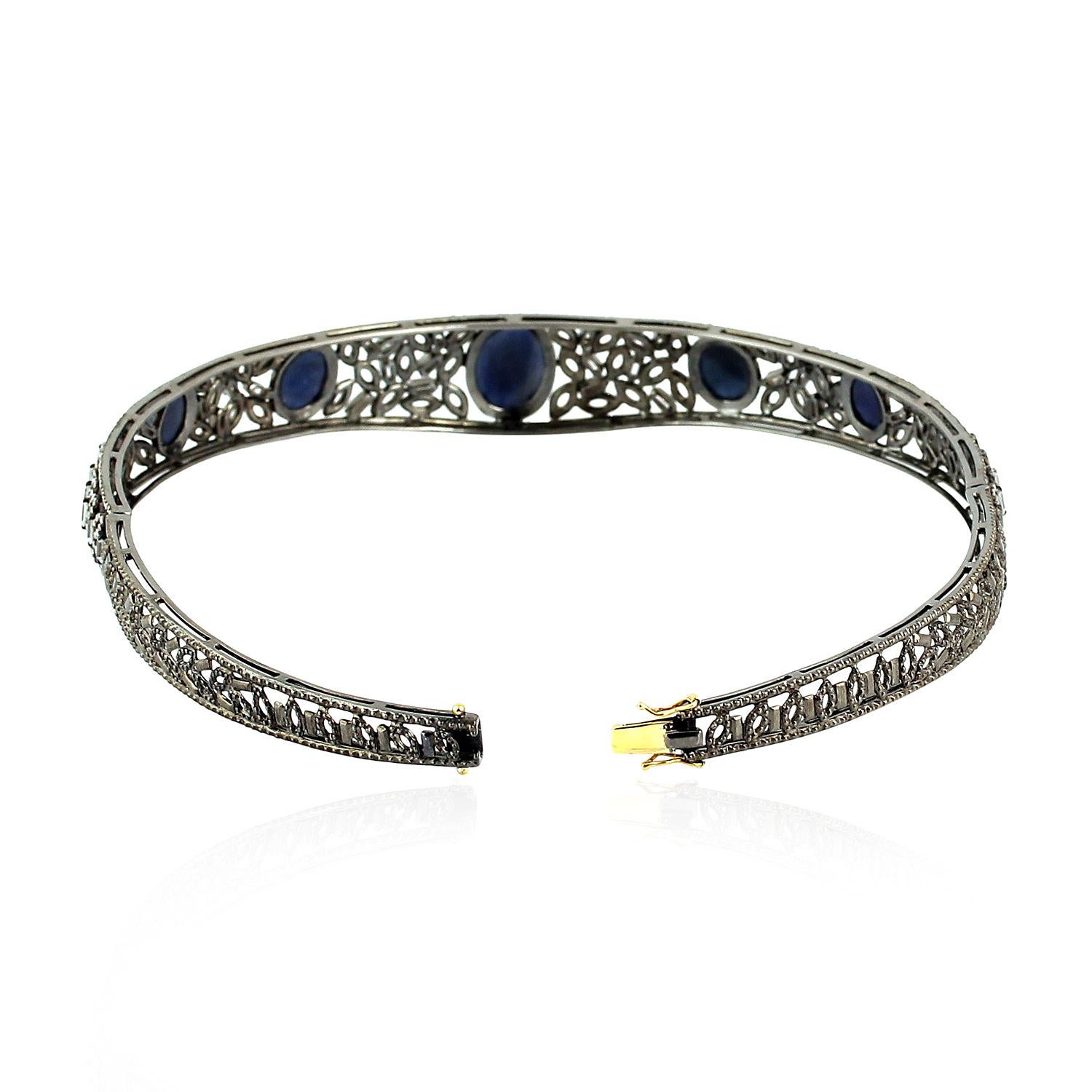 Mixed Cut Choker Necklace With Oval Shaped Sapphires & Pave Diamonds In 18k Gold & Silver For Sale