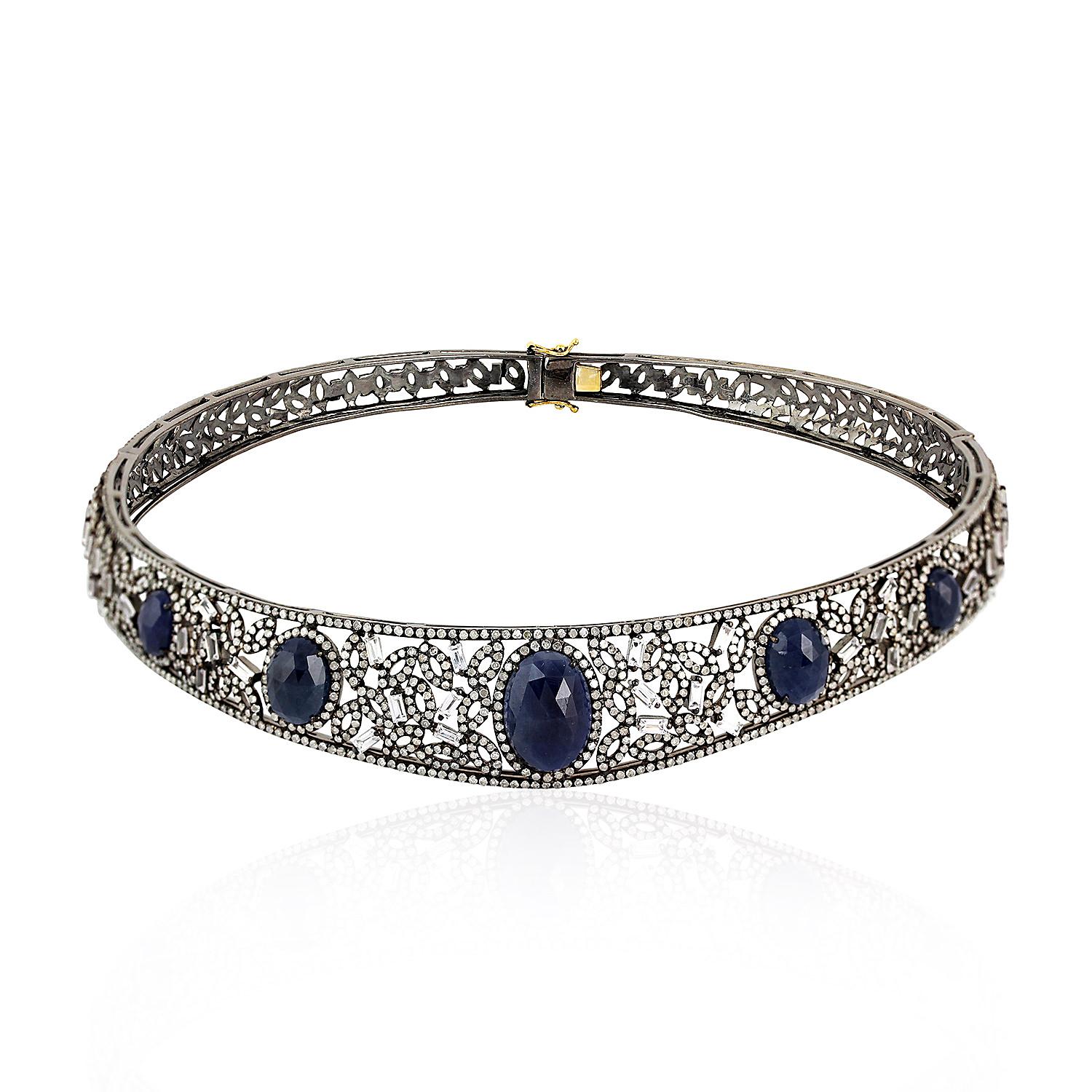 Choker Necklace With Oval Shaped Sapphires & Pave Diamonds In 18k Gold & Silver In New Condition For Sale In New York, NY