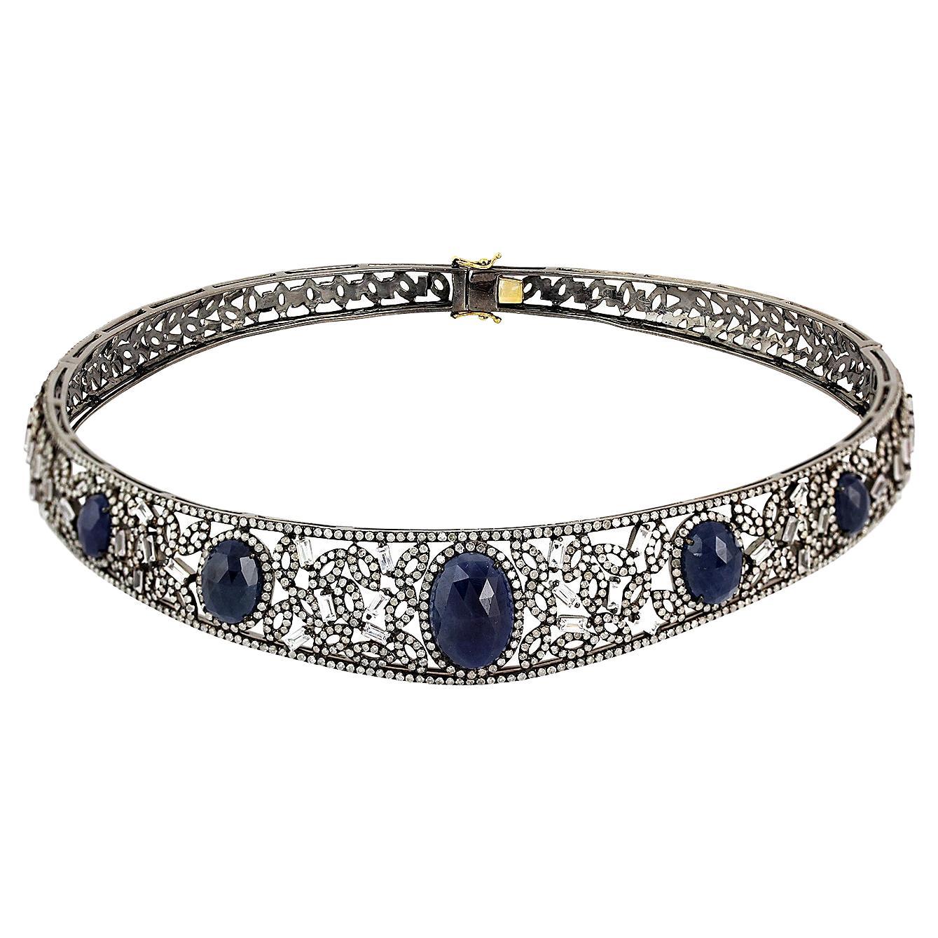 Choker Necklace With Oval Shaped Sapphires & Pave Diamonds In 18k Gold & Silver