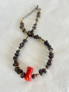 Choker Necklace with Raw Red Coral Pendant and Dark Cultured Baroque Pearls