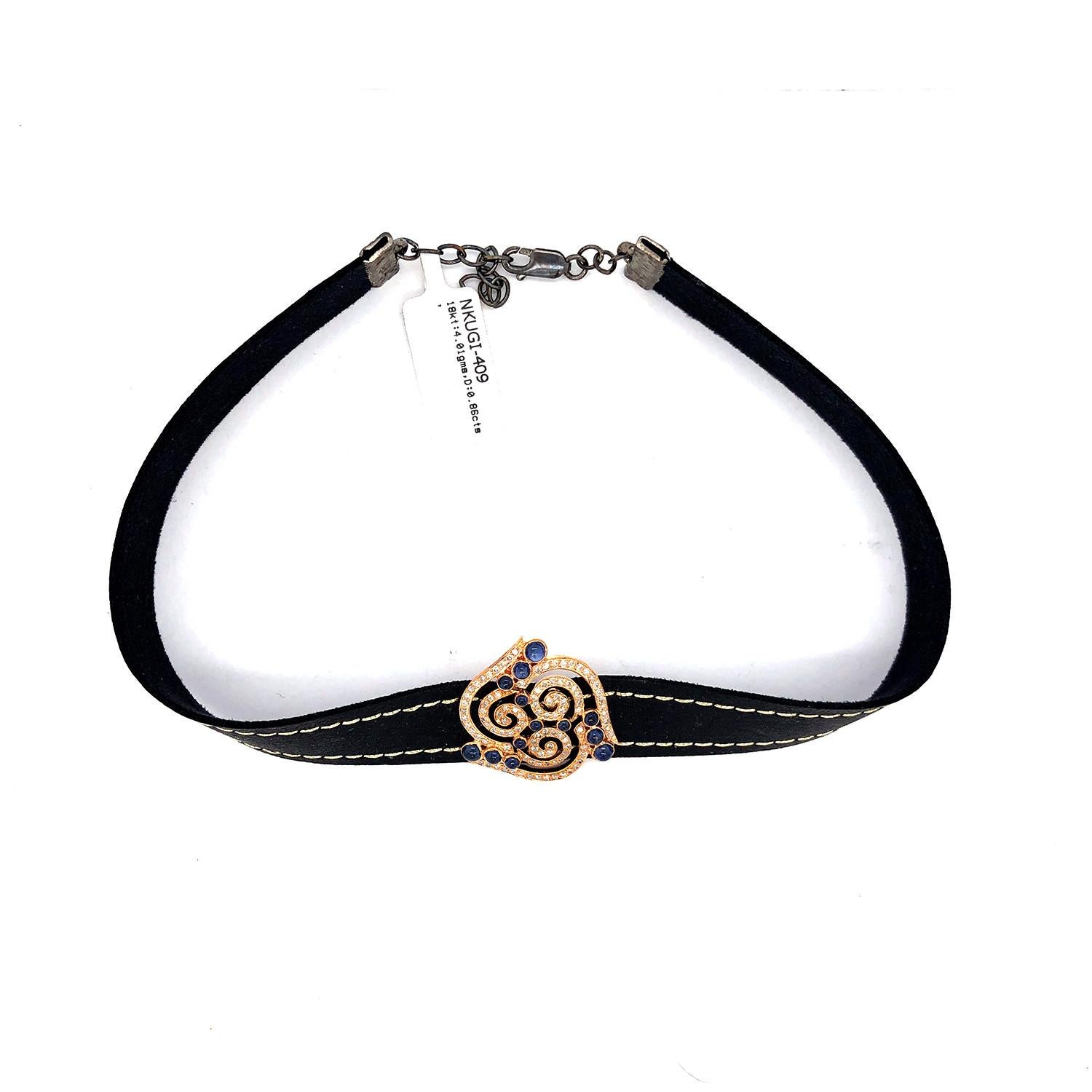 Art Nouveau Leather Choker Necklace with Swirl Ornamental Design with Diamond & Sapphire For Sale