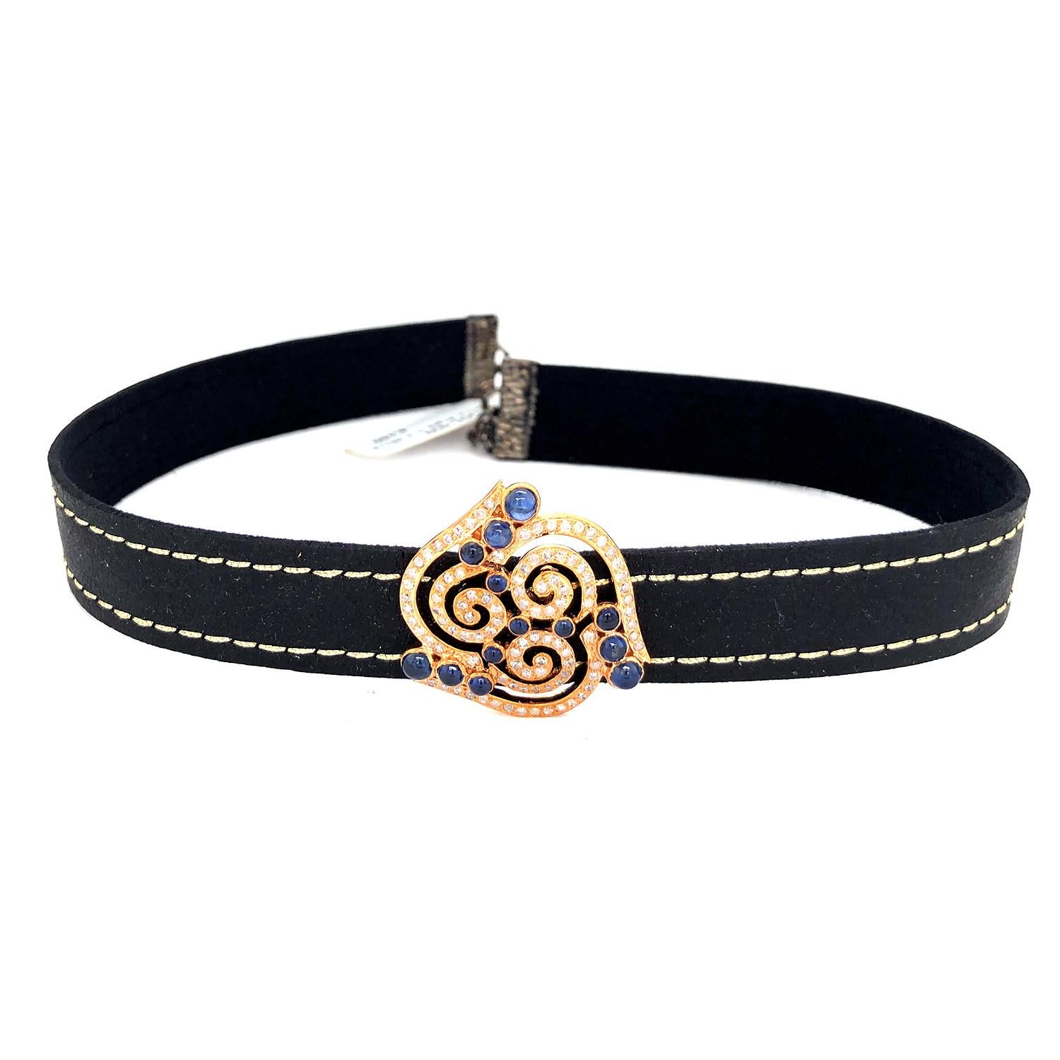 Mixed Cut Leather Choker Necklace with Swirl Ornamental Design with Diamond & Sapphire For Sale