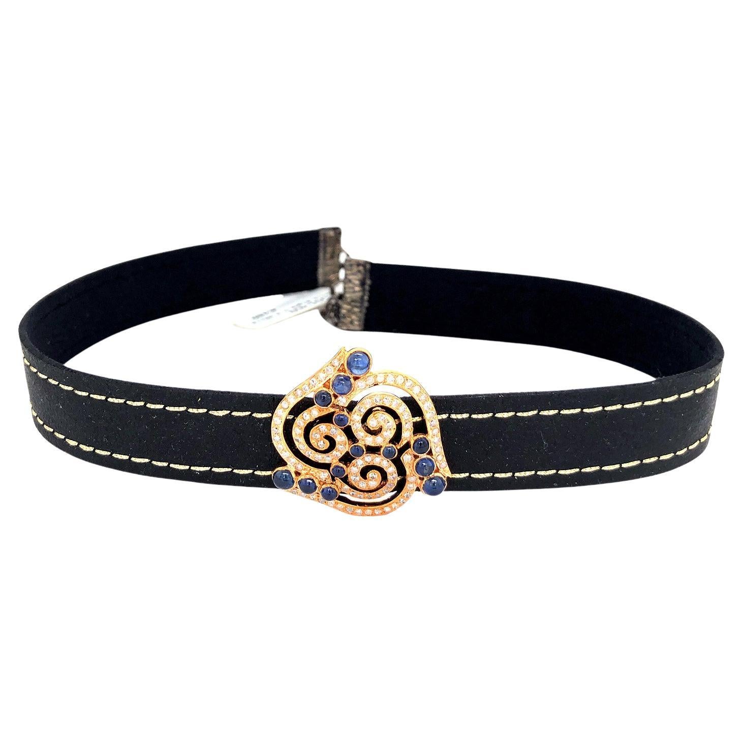 Leather Choker Necklace with Swirl Ornamental Design with Diamond & Sapphire For Sale
