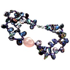 Choker of Two Strands of Peacock Keshi Pearls with Rose Quartz Focal