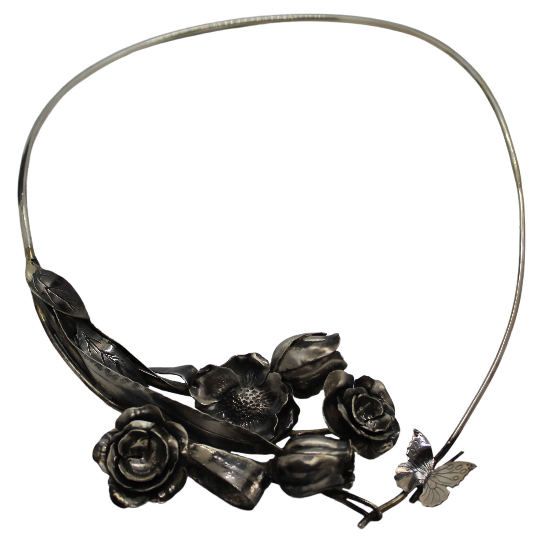 Girocollo, Rose e Farfalle in argento, Gioiello unico, Regalo, Fatto a mano, Italia