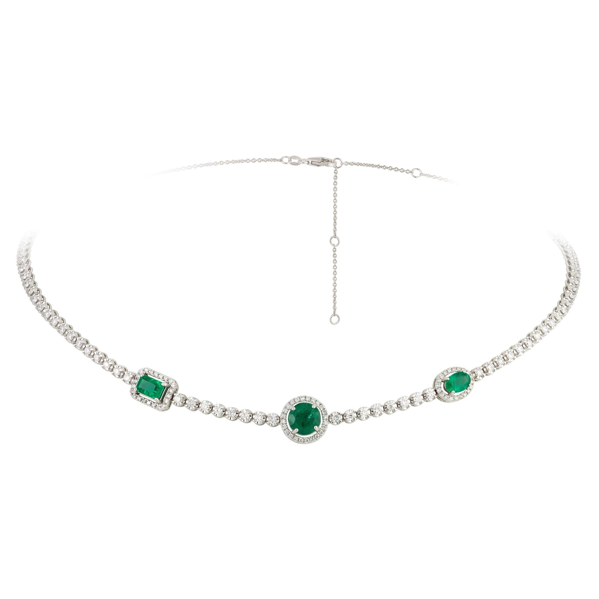 Choker White Gold 18K Necklace Emerald Diamond For Her In New Condition For Sale In Montreux, CH