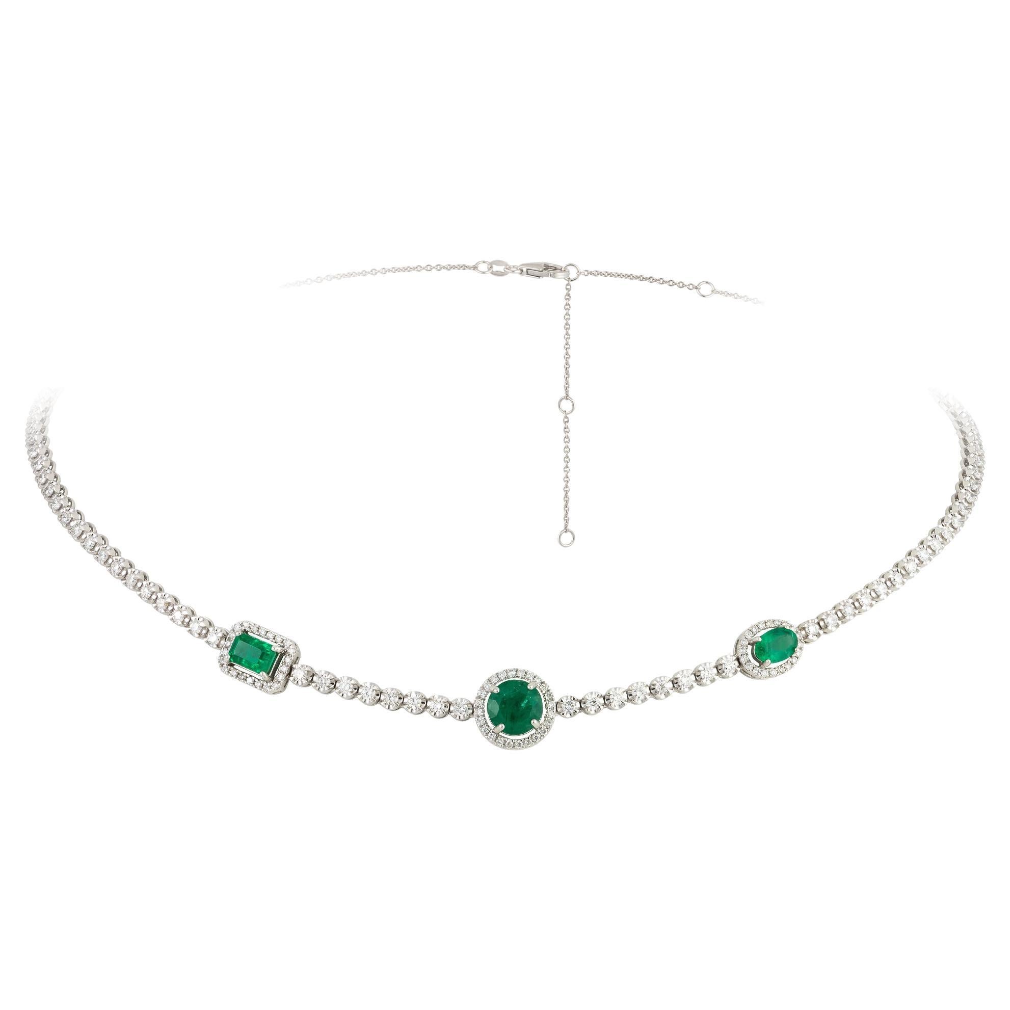 Choker White Gold 18K Necklace Emerald Diamond For Her
