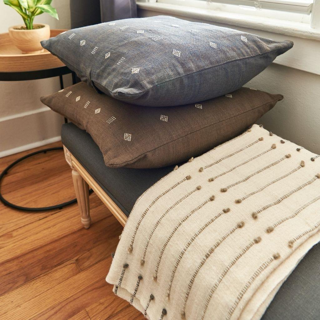 Hand-Woven Chokor Nira Indigo Organic Cotton Handloom Pillow in Geometric Patterns For Sale