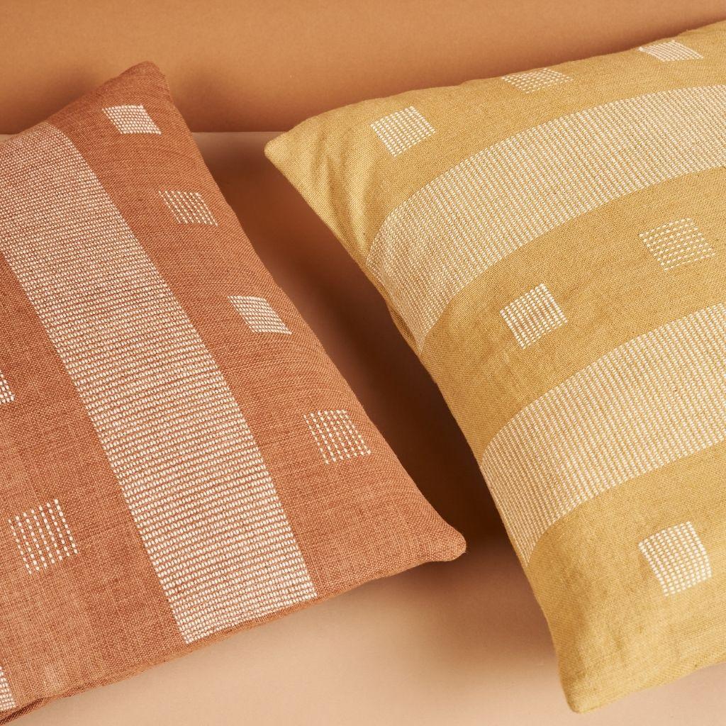 Modern Chokor Nira Ochre Organic Cotton Handloom Pillow in  Geometric Patterns For Sale